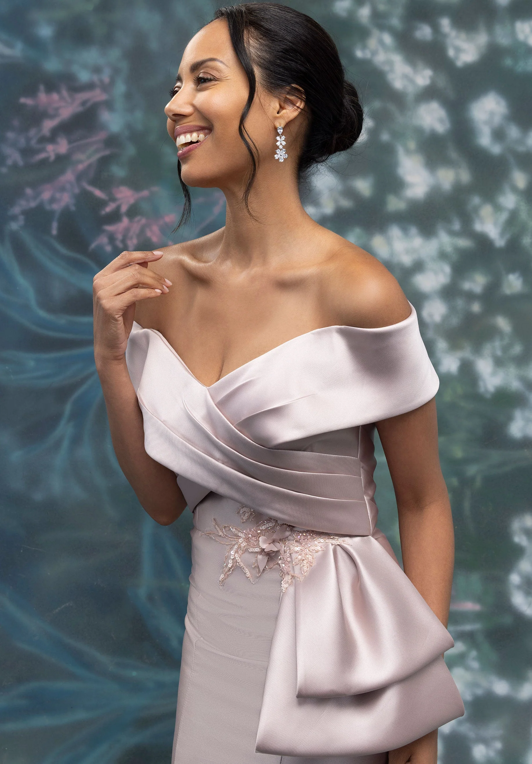 Criss Cross Portrait Neck Mikado Evening Gown with Crystal Appliqués - Image 5