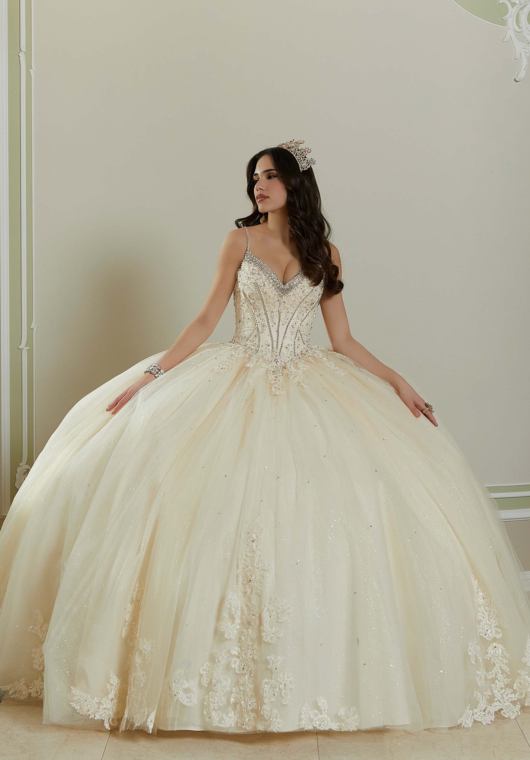 Crystal and Diamanté Beaded Quinceañera Dress with Alençon Lace Appliqués - Image 3