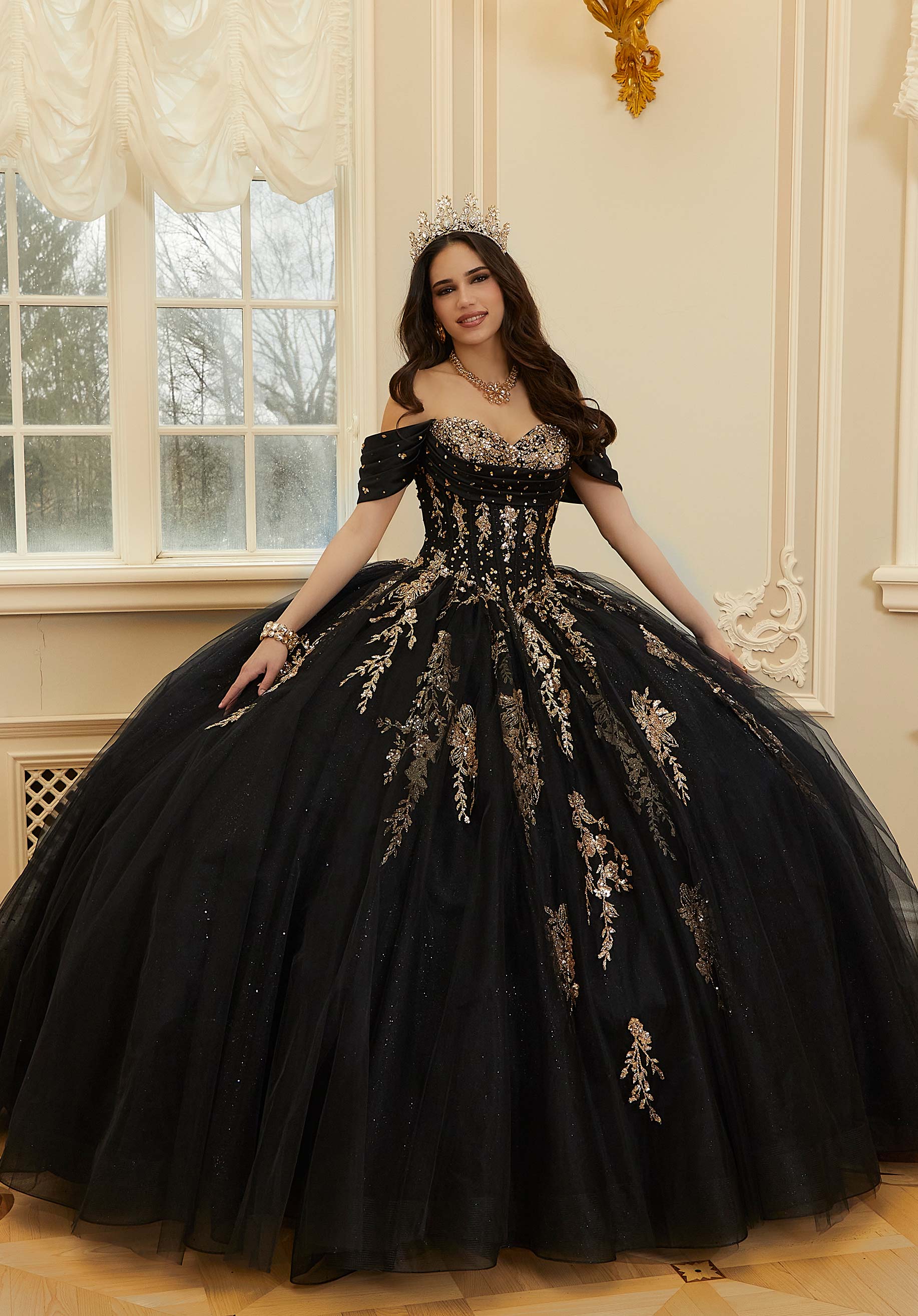 Crystal Beaded Contrasting Glitter Appliquéd Quinceañera Dress with Satin Cowl - Image 3