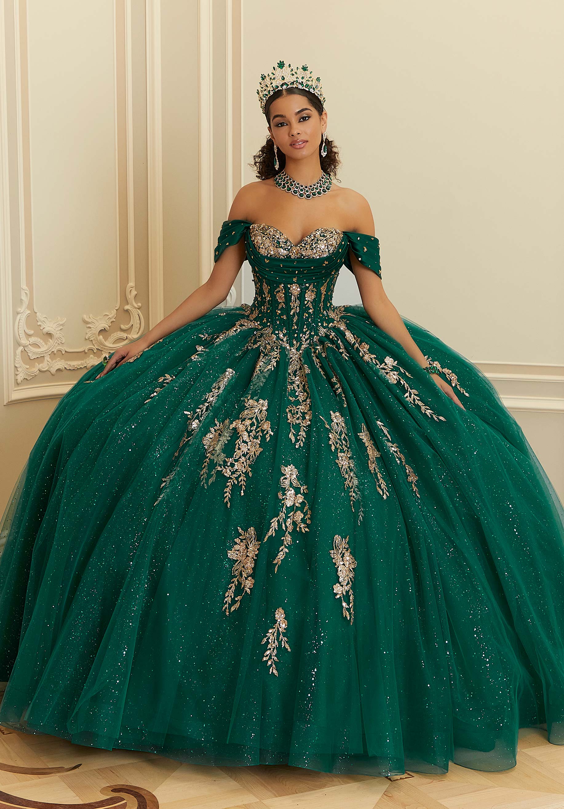 Crystal Beaded Contrasting Glitter Appliquéd Quinceañera Dress with Satin Cowl - Image 6