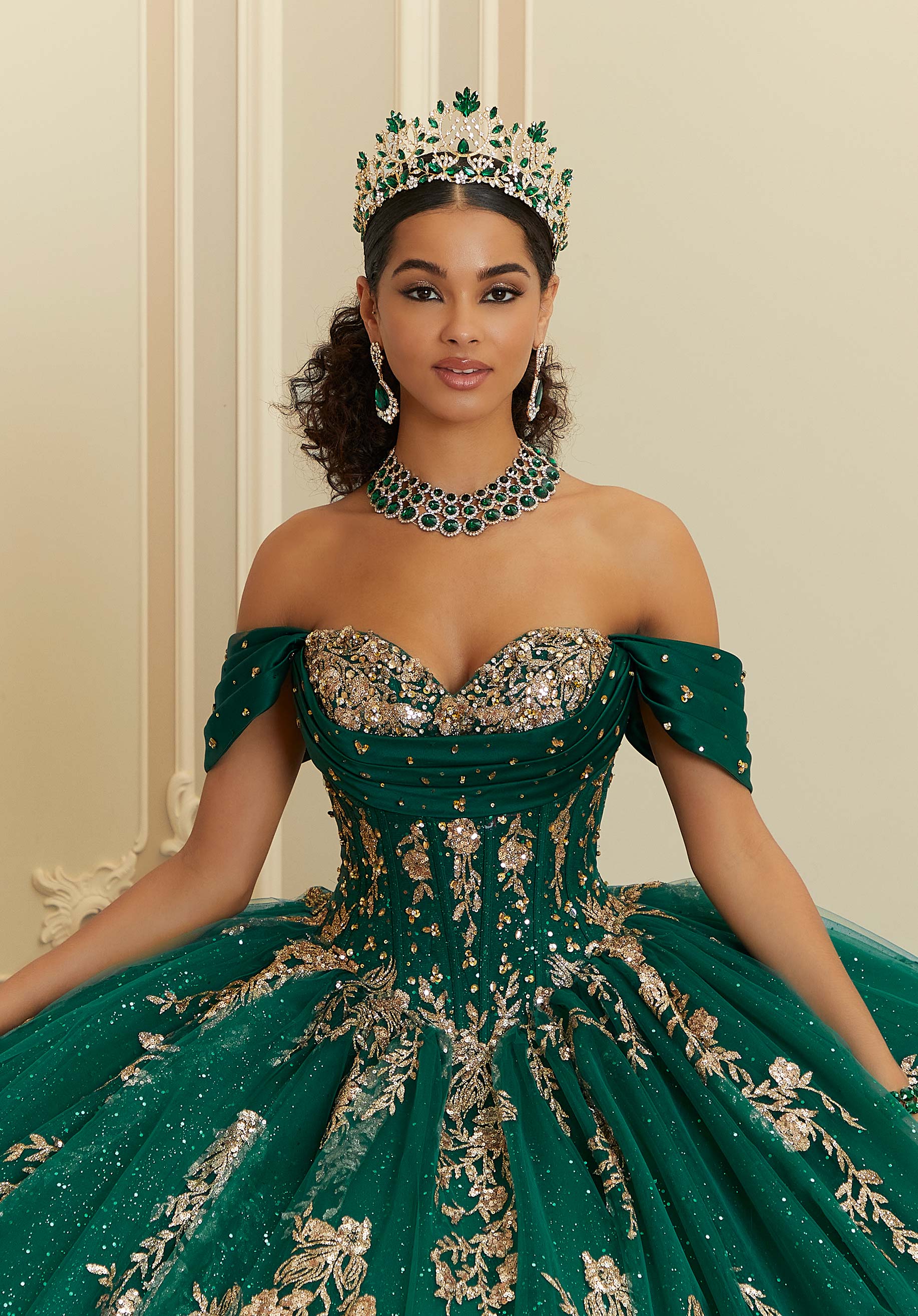 Crystal Beaded Contrasting Glitter Appliquéd Quinceañera Dress with Satin Cowl - Image 7