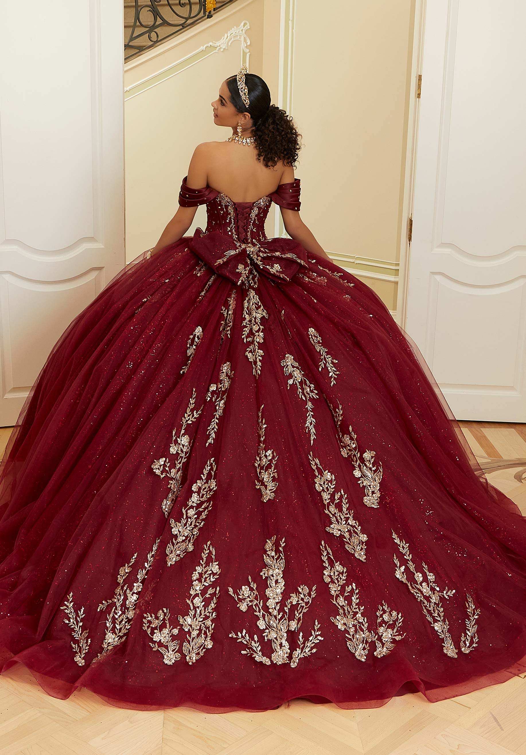 Crystal Beaded Contrasting Glitter Appliquéd Quinceañera Dress with Satin Cowl - Image 8