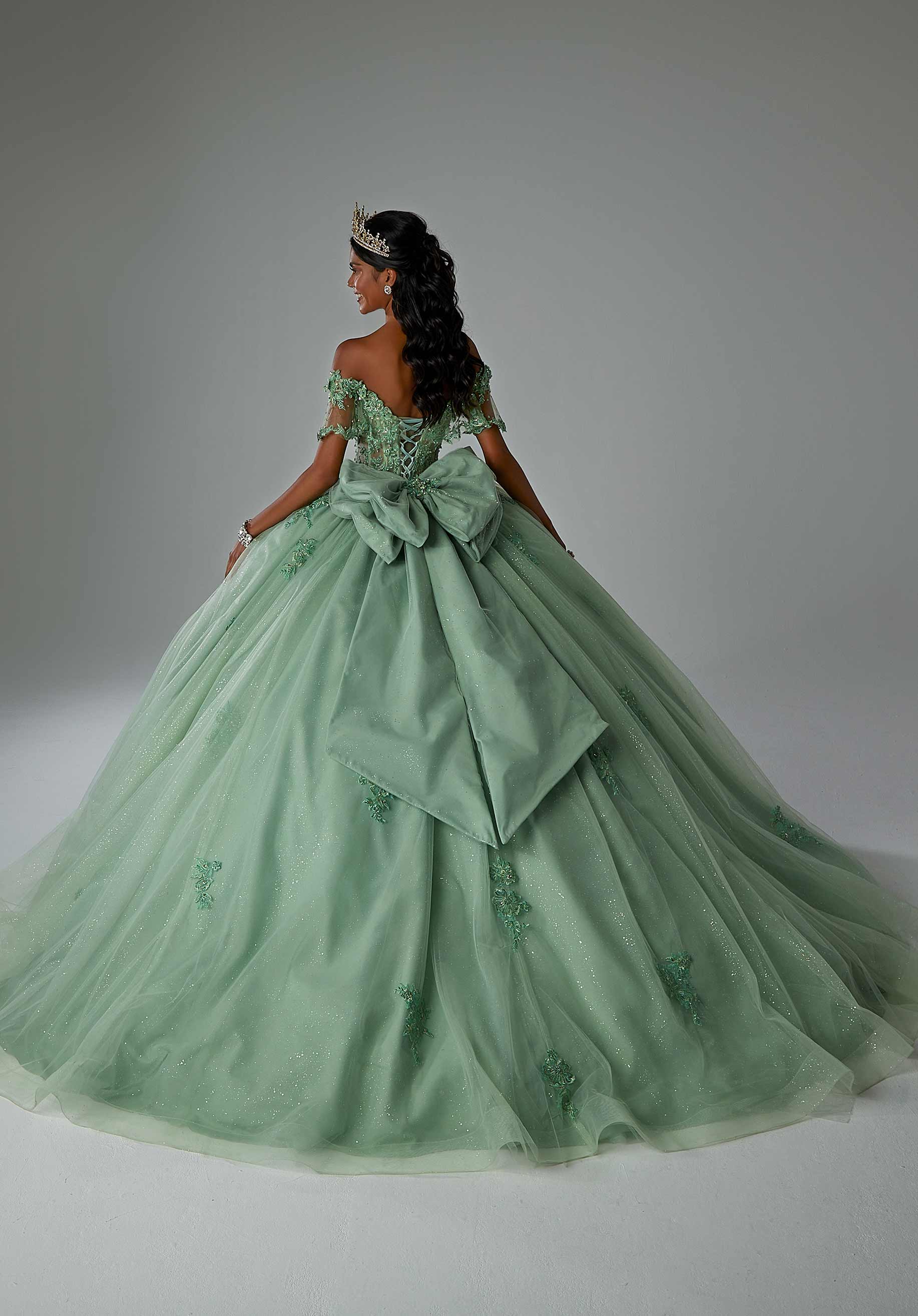 Crystal Beaded Floral Embroidered Quinceañera Dress with Sheer Midriff - Image 4
