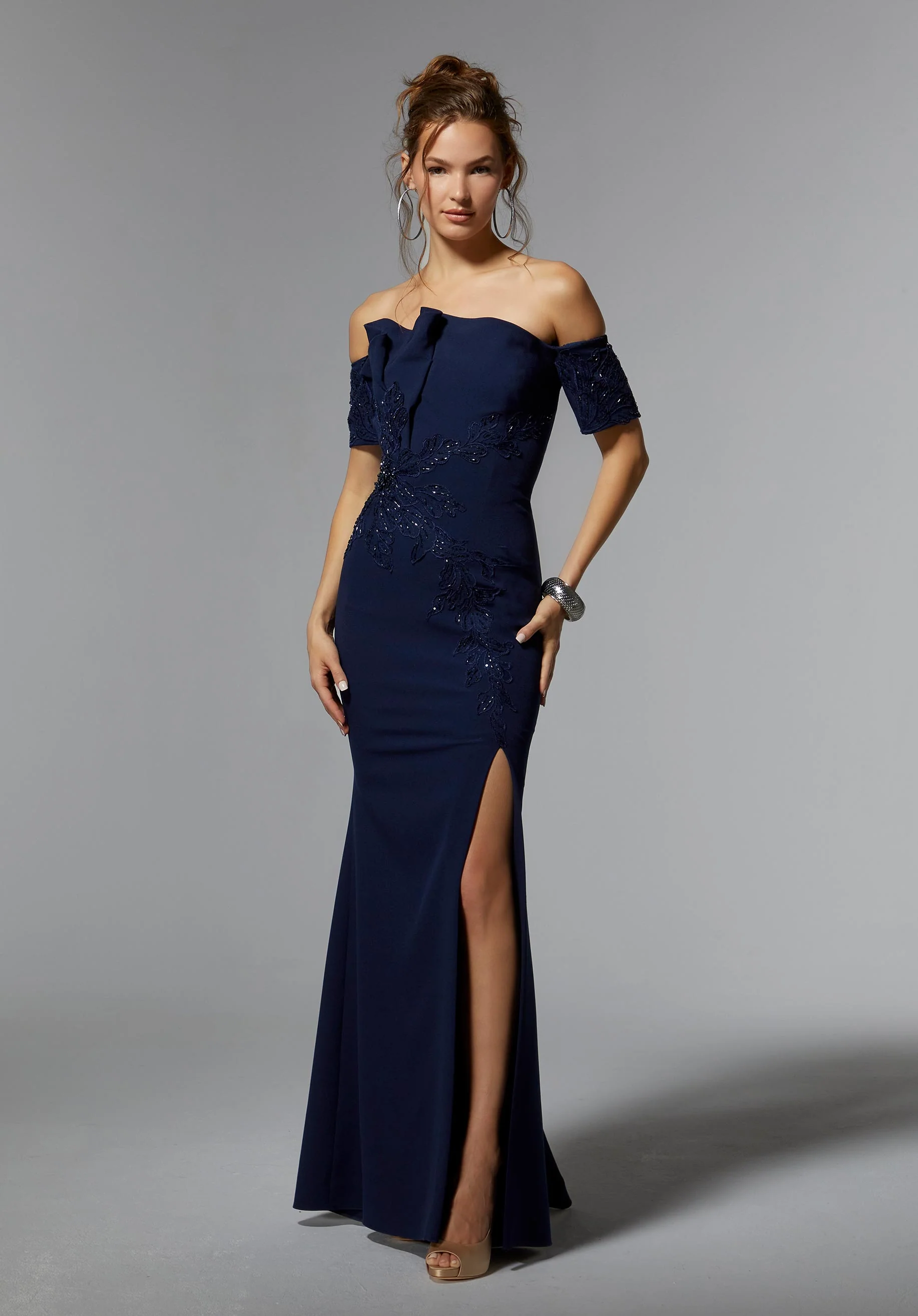 Crystal Beaded Floral Lace Evening Gown in Scuba Crepe - Image 3