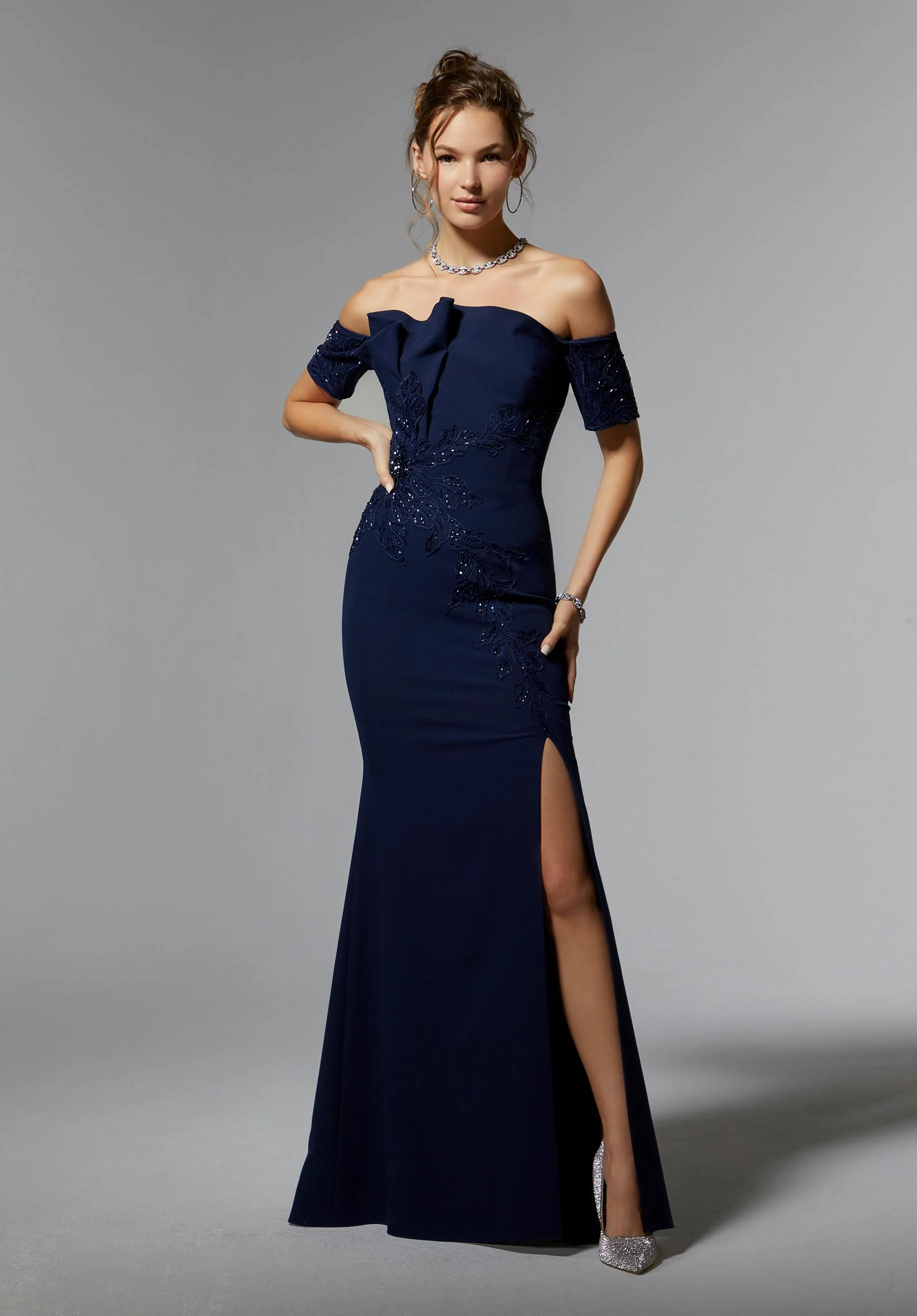 Crystal Beaded Floral Lace Evening Gown in Scuba Crepe - Image 4