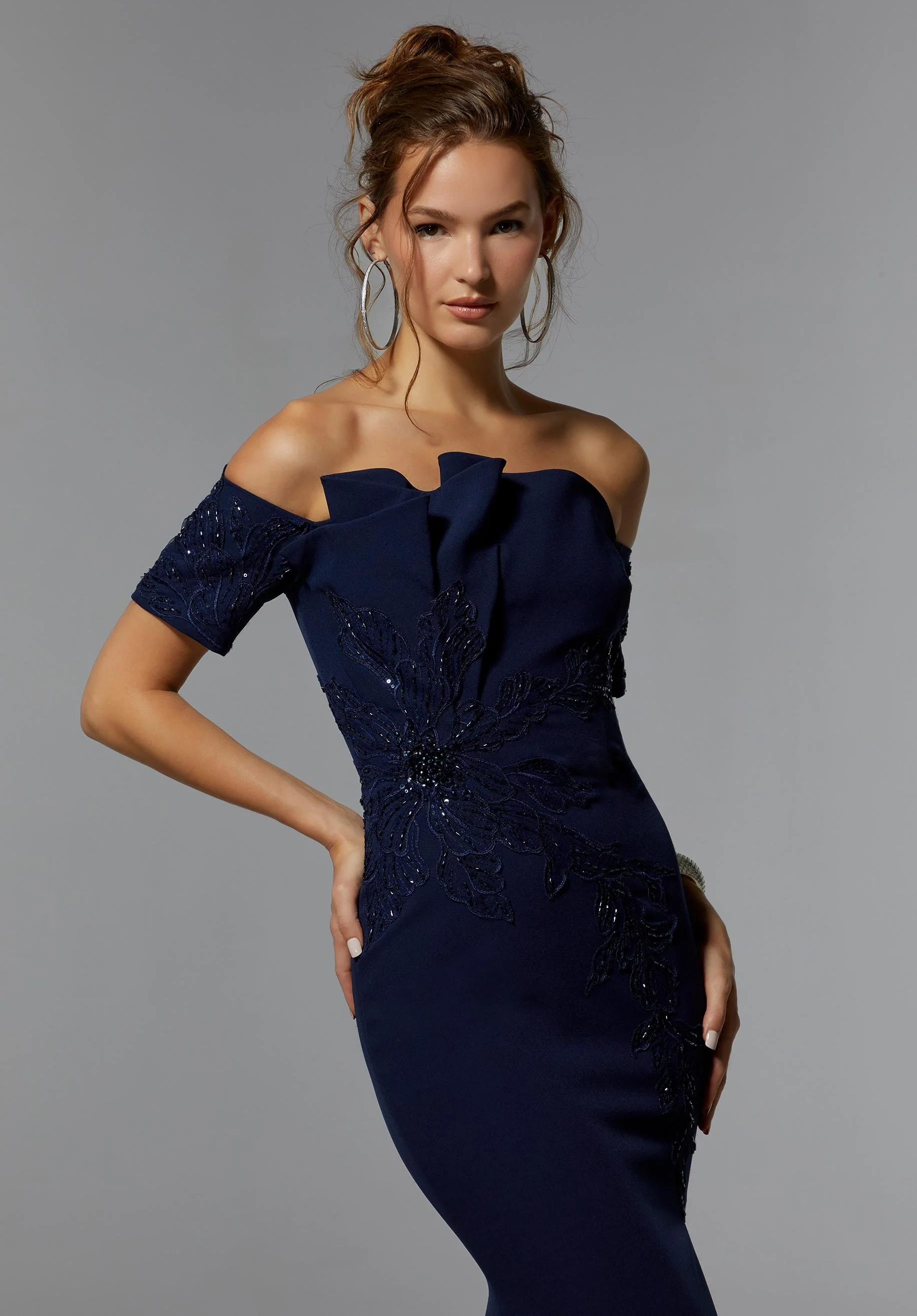 Crystal Beaded Floral Lace Evening Gown in Scuba Crepe - Image 5