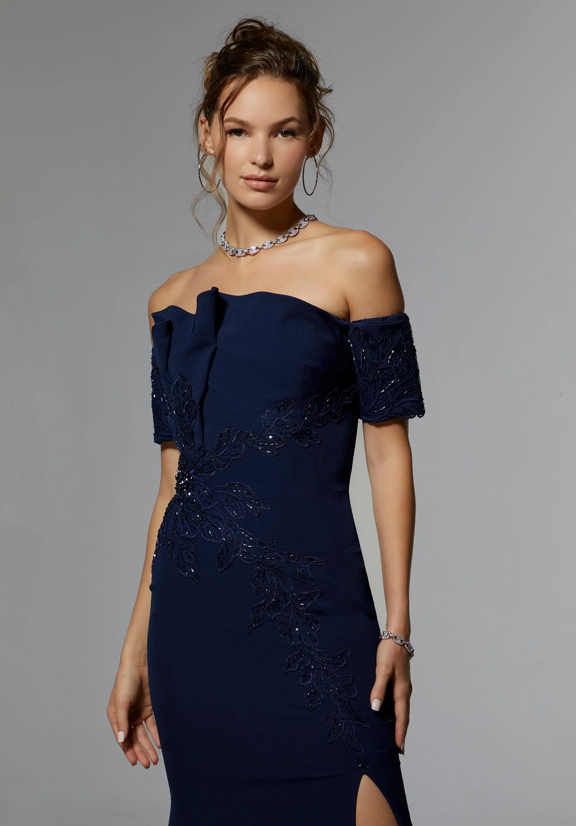 Crystal Beaded Floral Lace Evening Gown in Scuba Crepe - Image 6