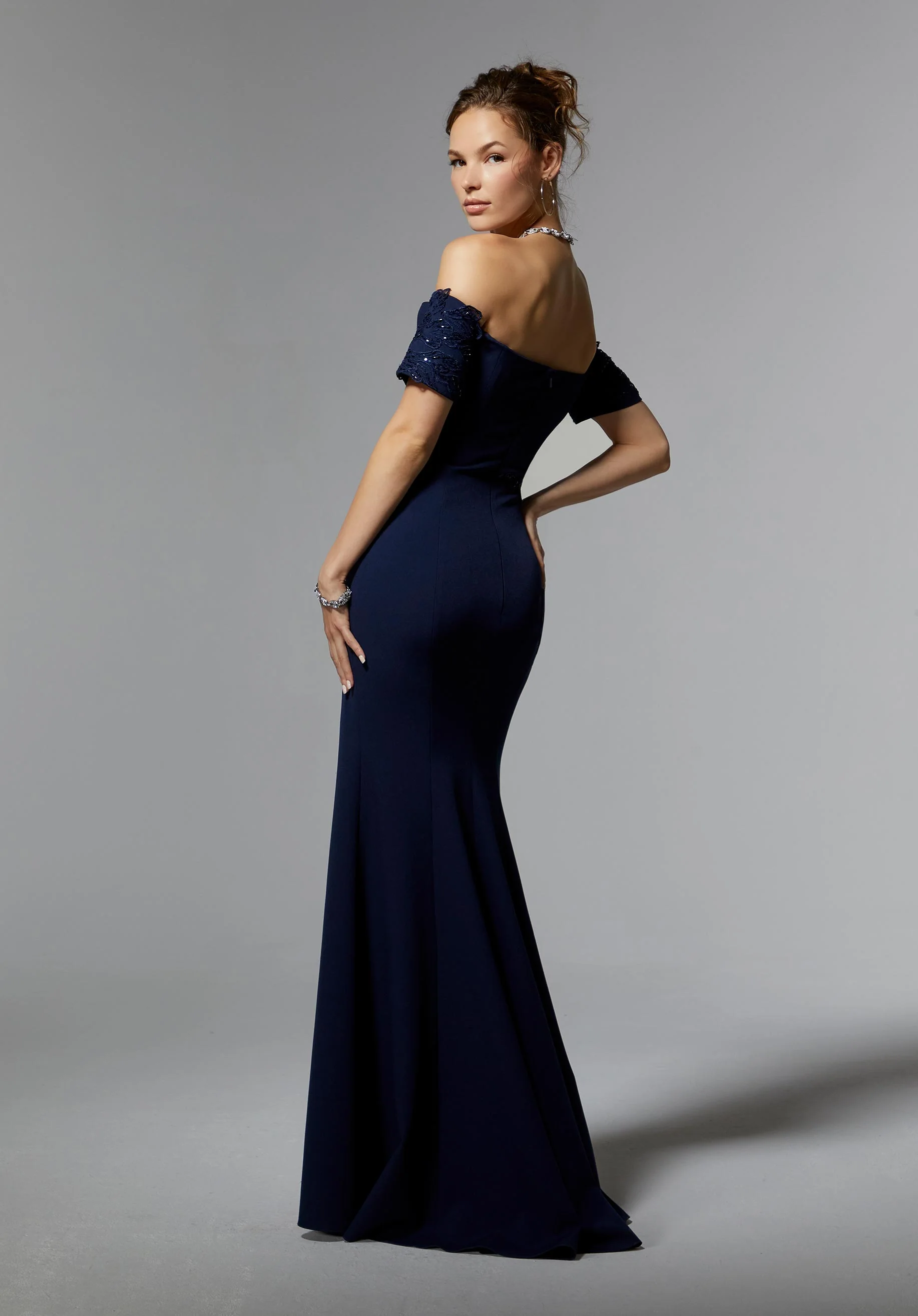 Crystal Beaded Floral Lace Evening Gown in Scuba Crepe - Image 7