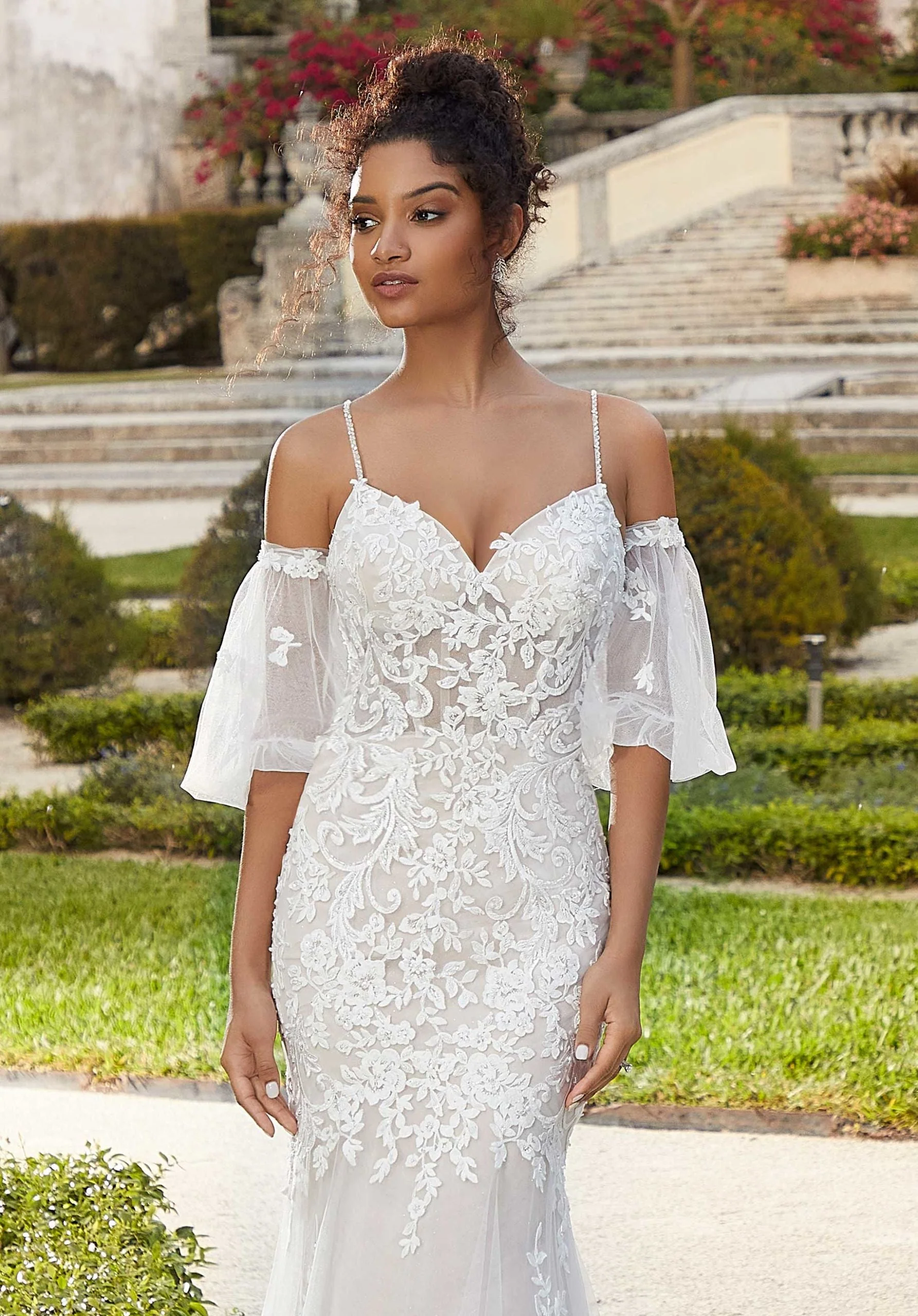 Crystal Beaded Lace Pouf Sleeves