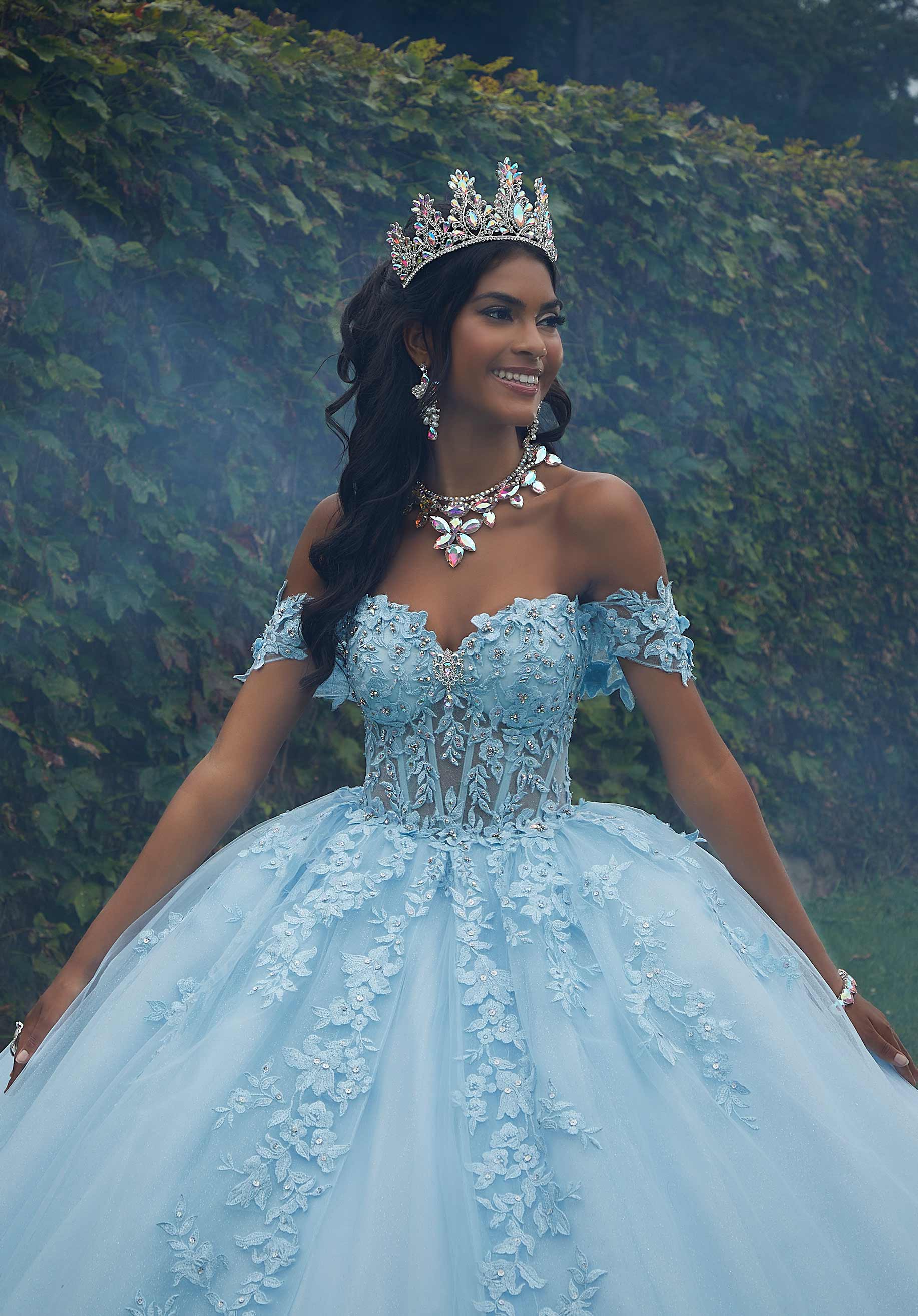 Crystal Beaded Lace Sheer Bodice Quinceañera Dress - Image 5