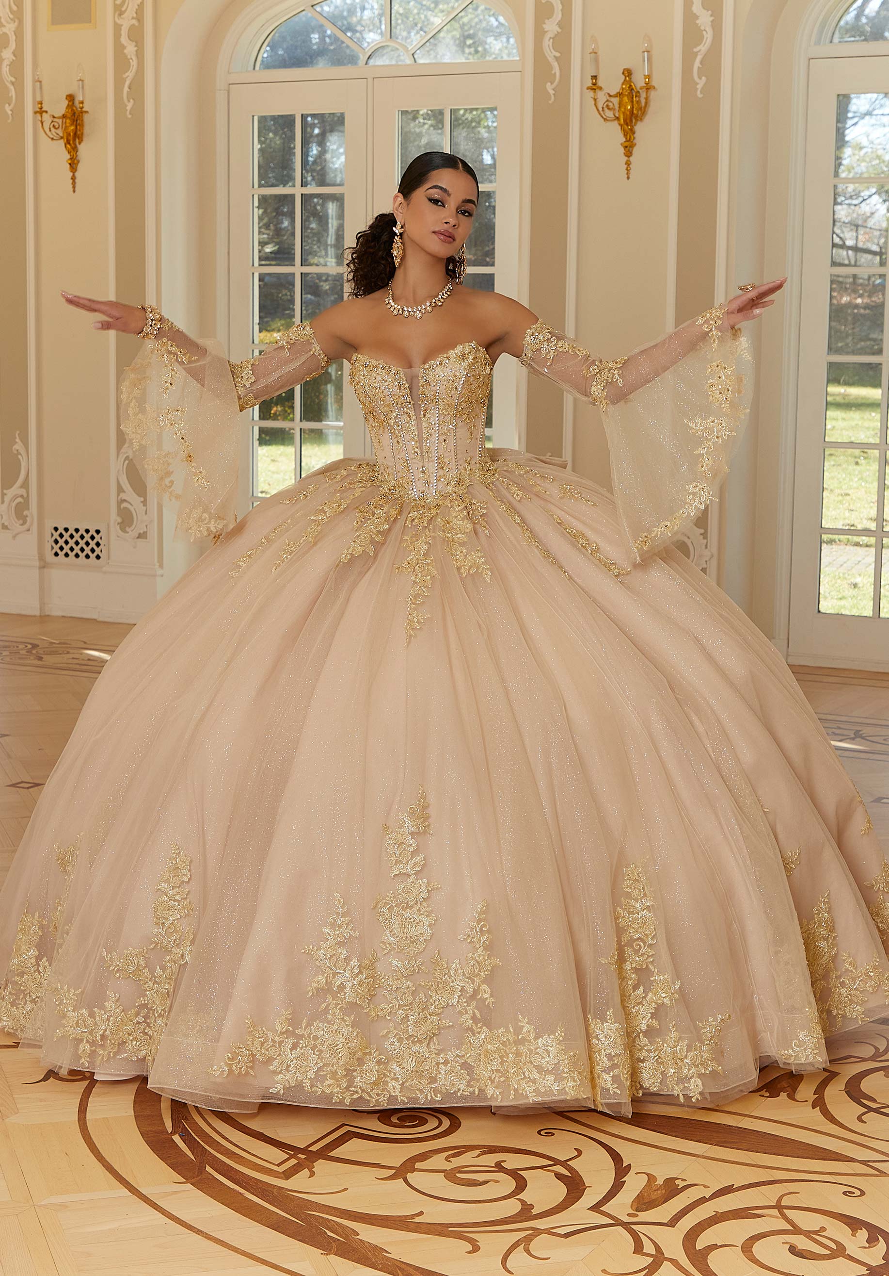 Crystal Beaded Metallic Lace Quinceañera Dress with Bell Sleeves - Image 3
