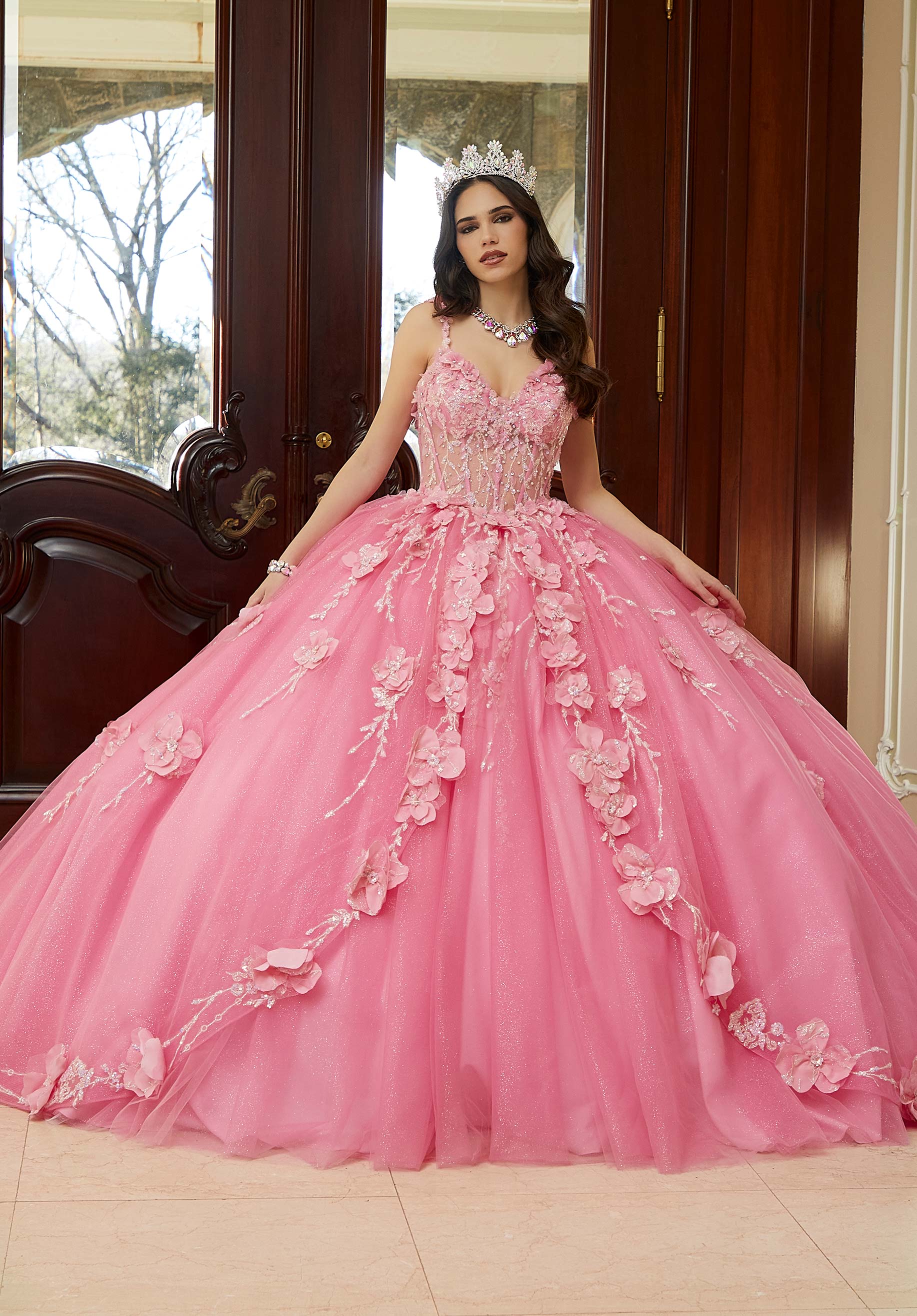 Crystal Beaded Quinceañera Dress with Three-Dimensional Floral Glitter Appliqués