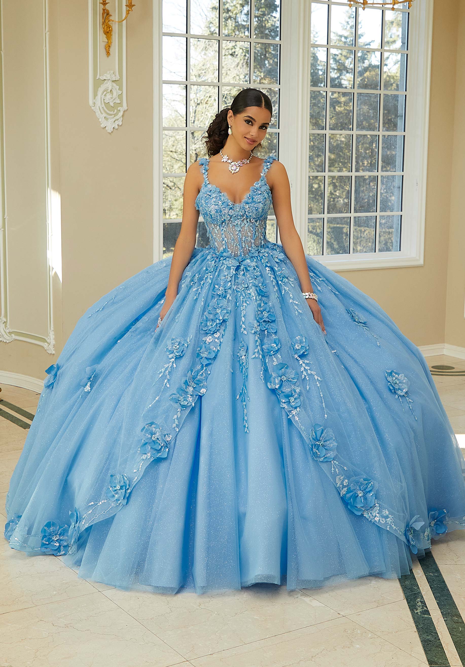 Crystal Beaded Quinceañera Dress with Three-Dimensional Floral Glitter Appliqués - Image 3
