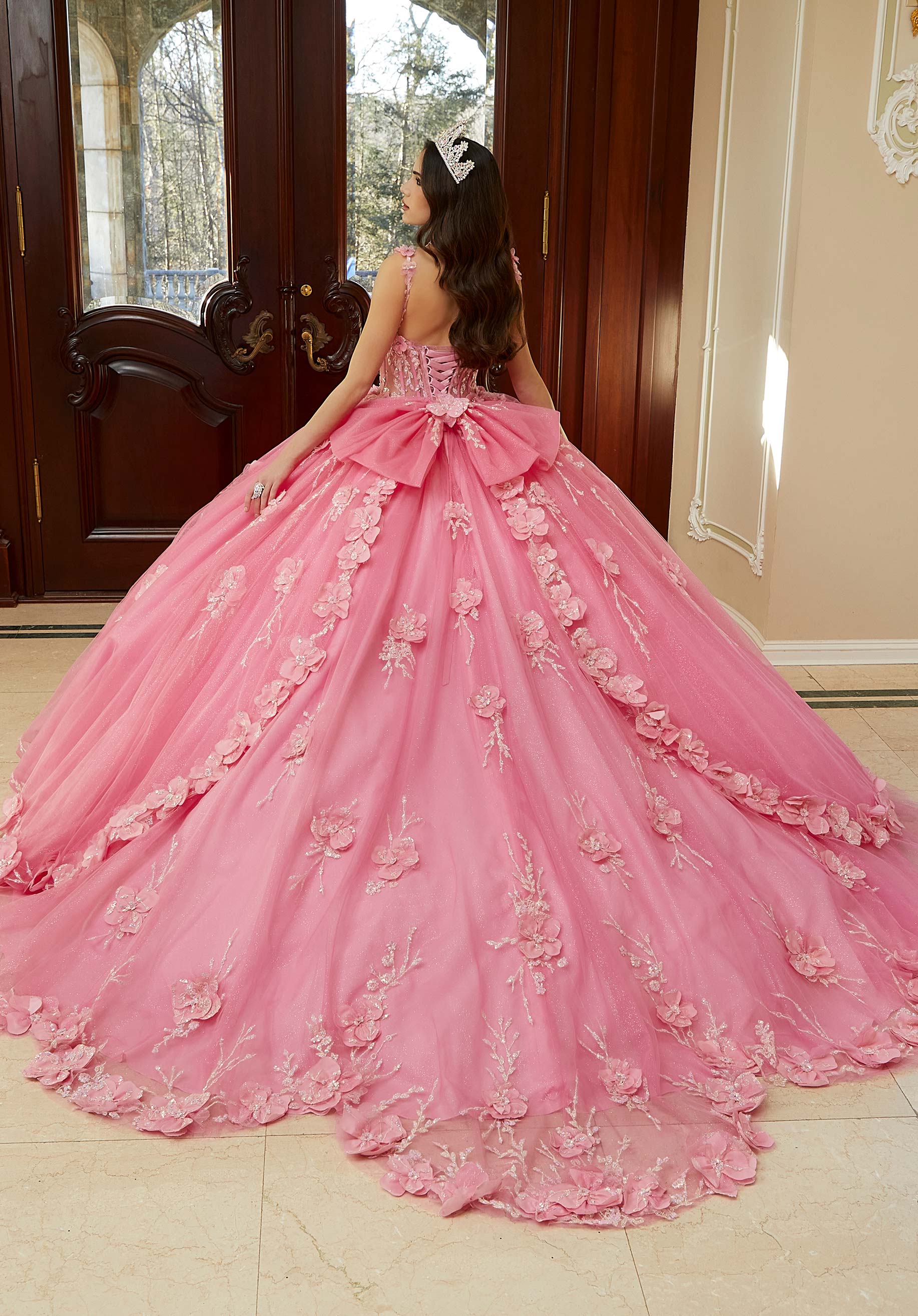 Crystal Beaded Quinceañera Dress with Three-Dimensional Floral Glitter Appliqués - Image 5