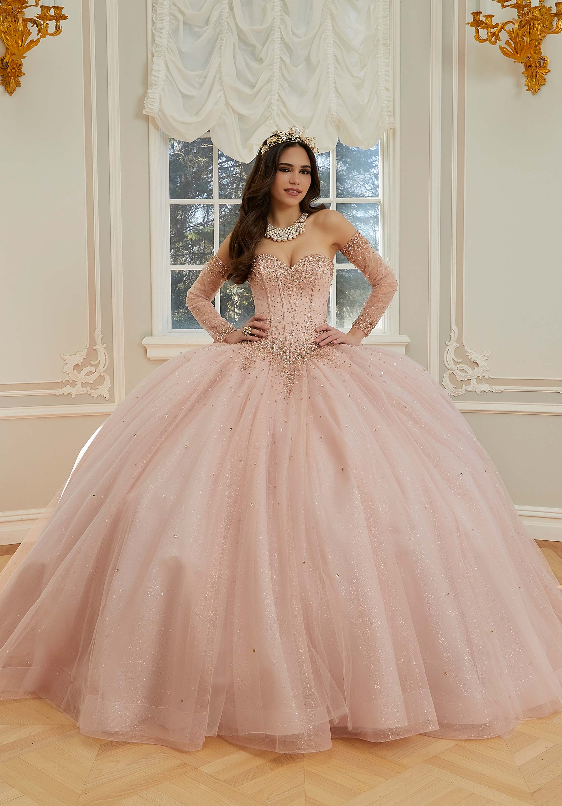 Crystal Beaded Sparkle Tulle Quinceañera Dress with Back Bow and Long Sleeves - Image 3