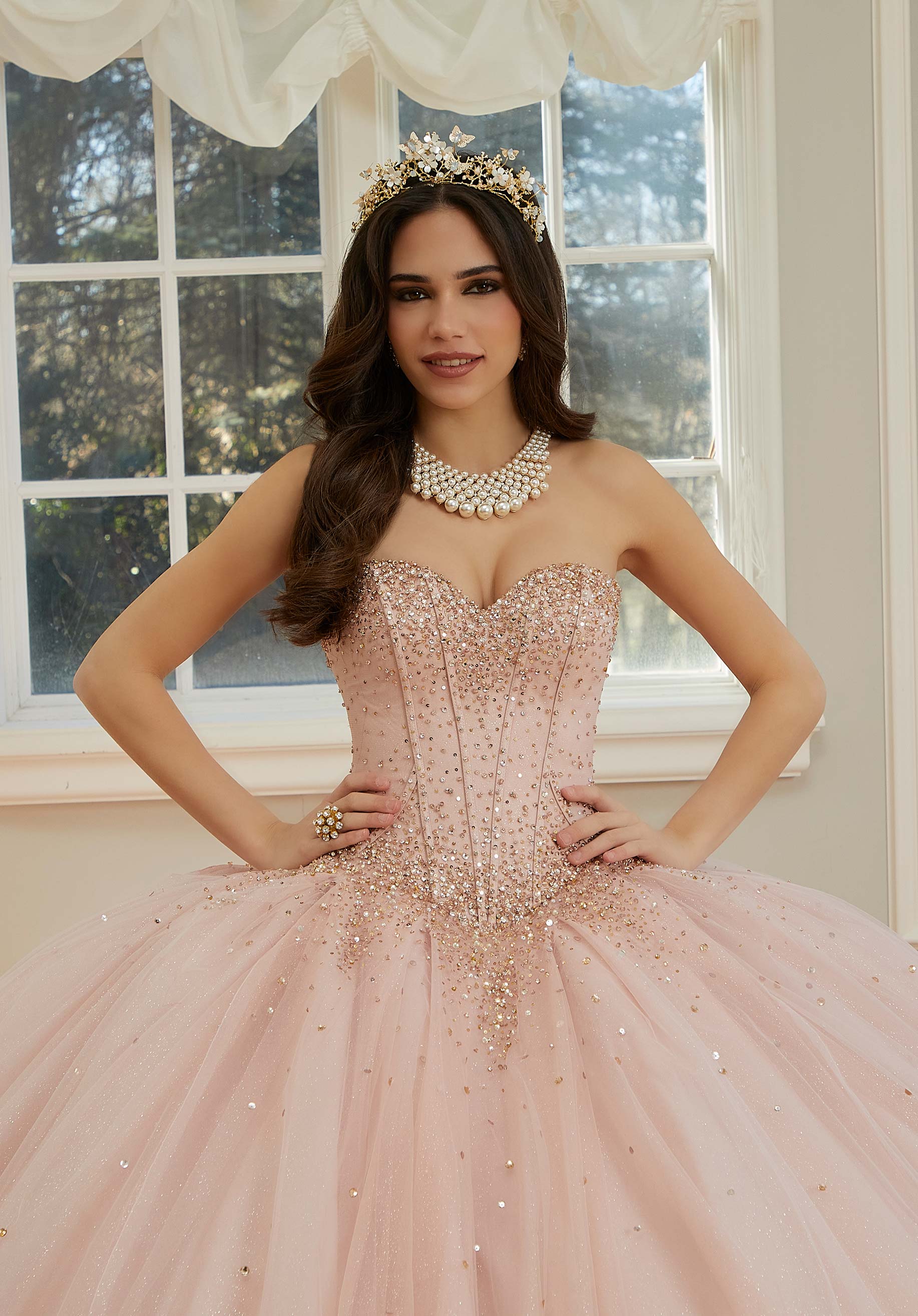 Crystal Beaded Sparkle Tulle Quinceañera Dress with Back Bow and Long Sleeves - Image 4