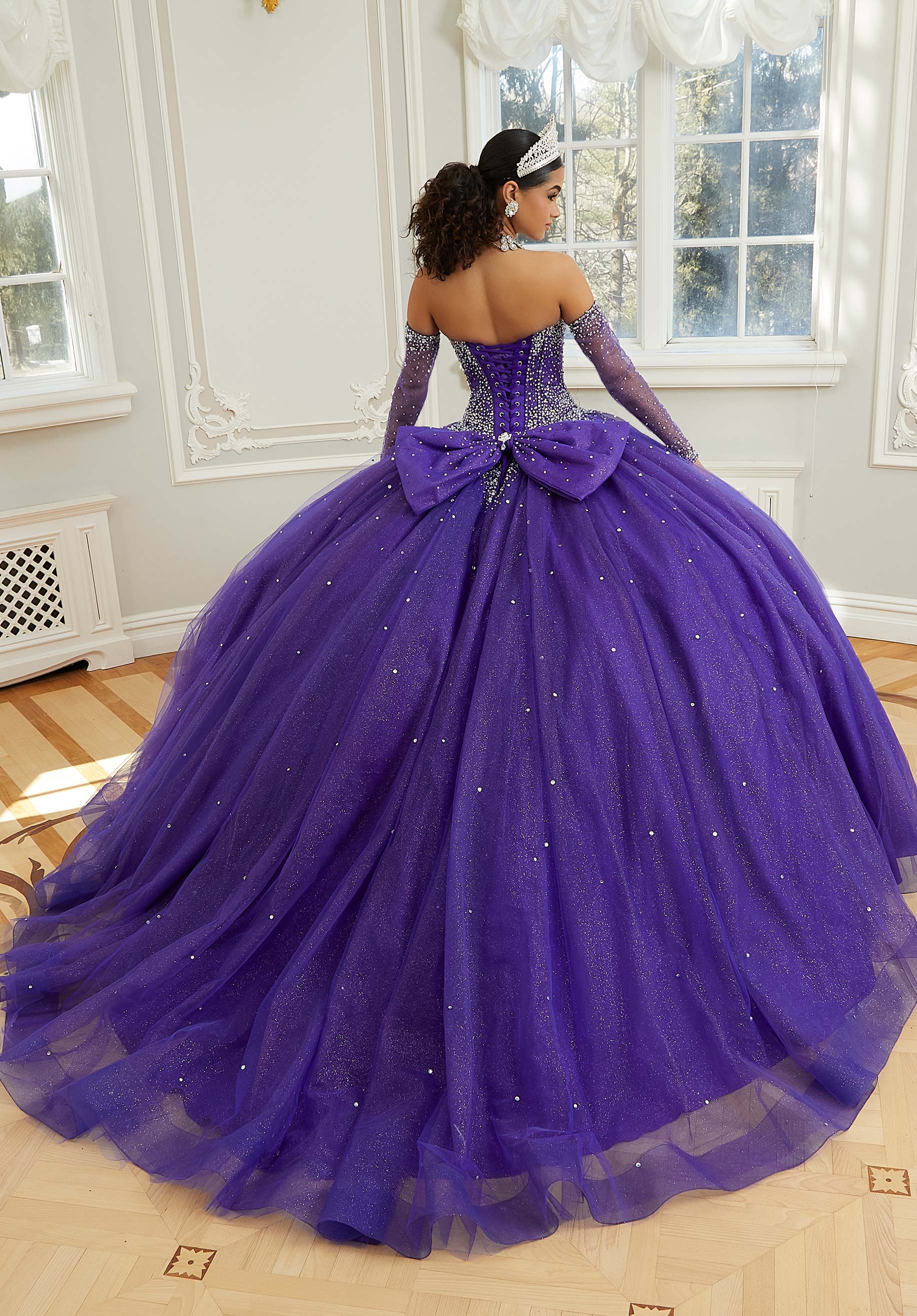 Crystal Beaded Sparkle Tulle Quinceañera Dress with Back Bow and Long Sleeves - Image 5