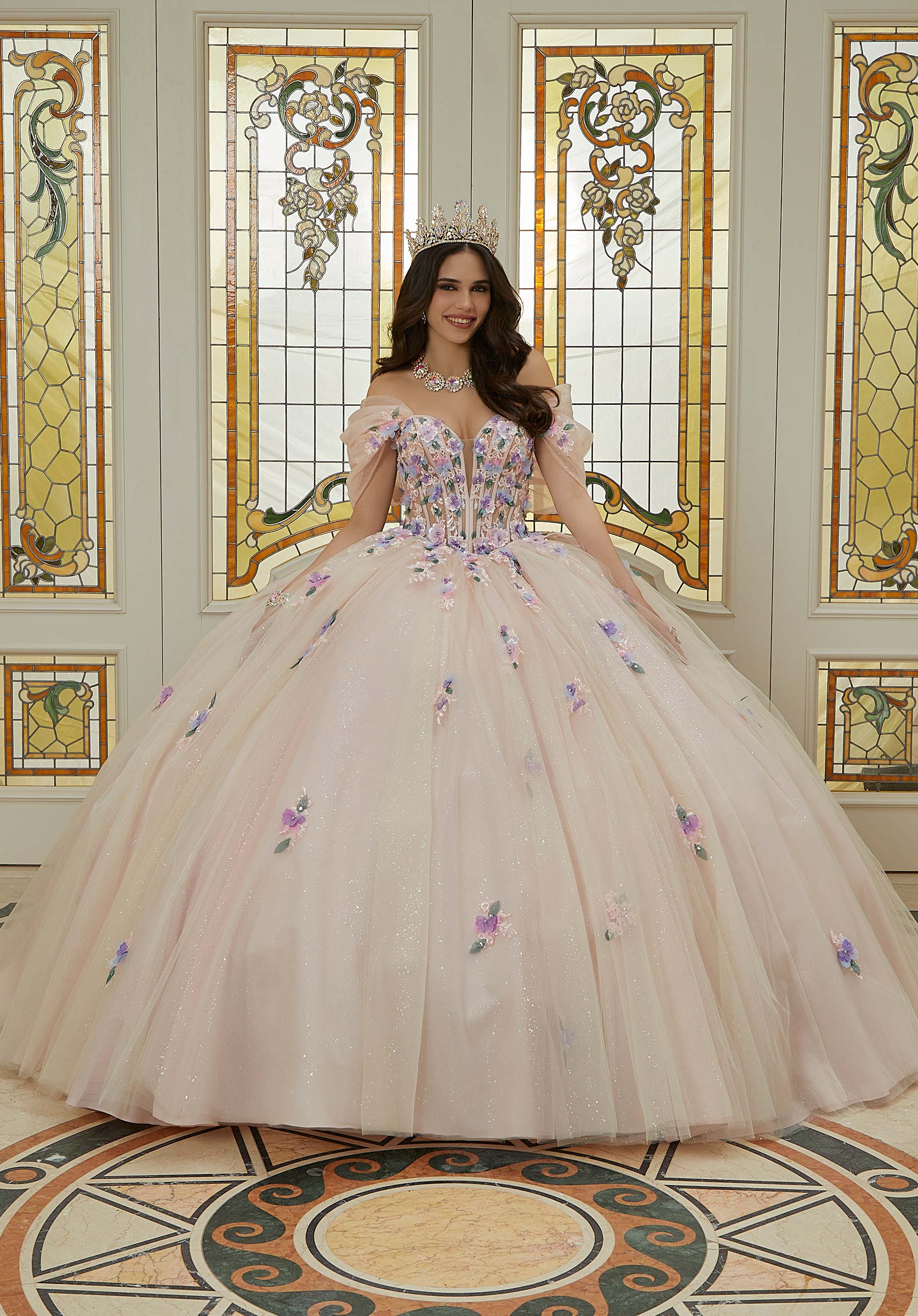 Crystal Beaded Three-Dimensional Floral Embroidered Quinceañera Dress with Sheer Bodice - Image 3