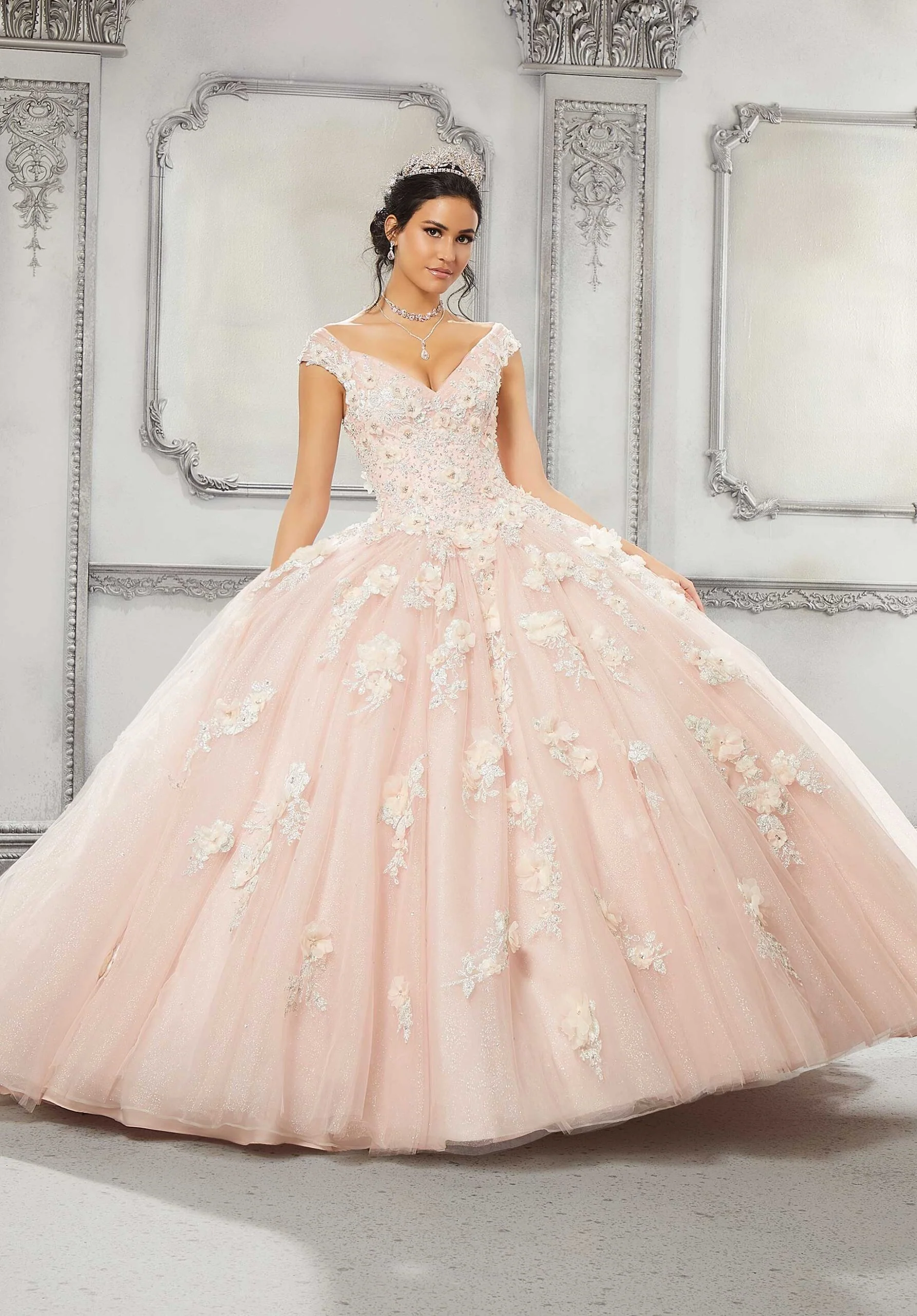 Crystal Beaded Three-Dimensional Floral Quinceañera Dress - Image 3