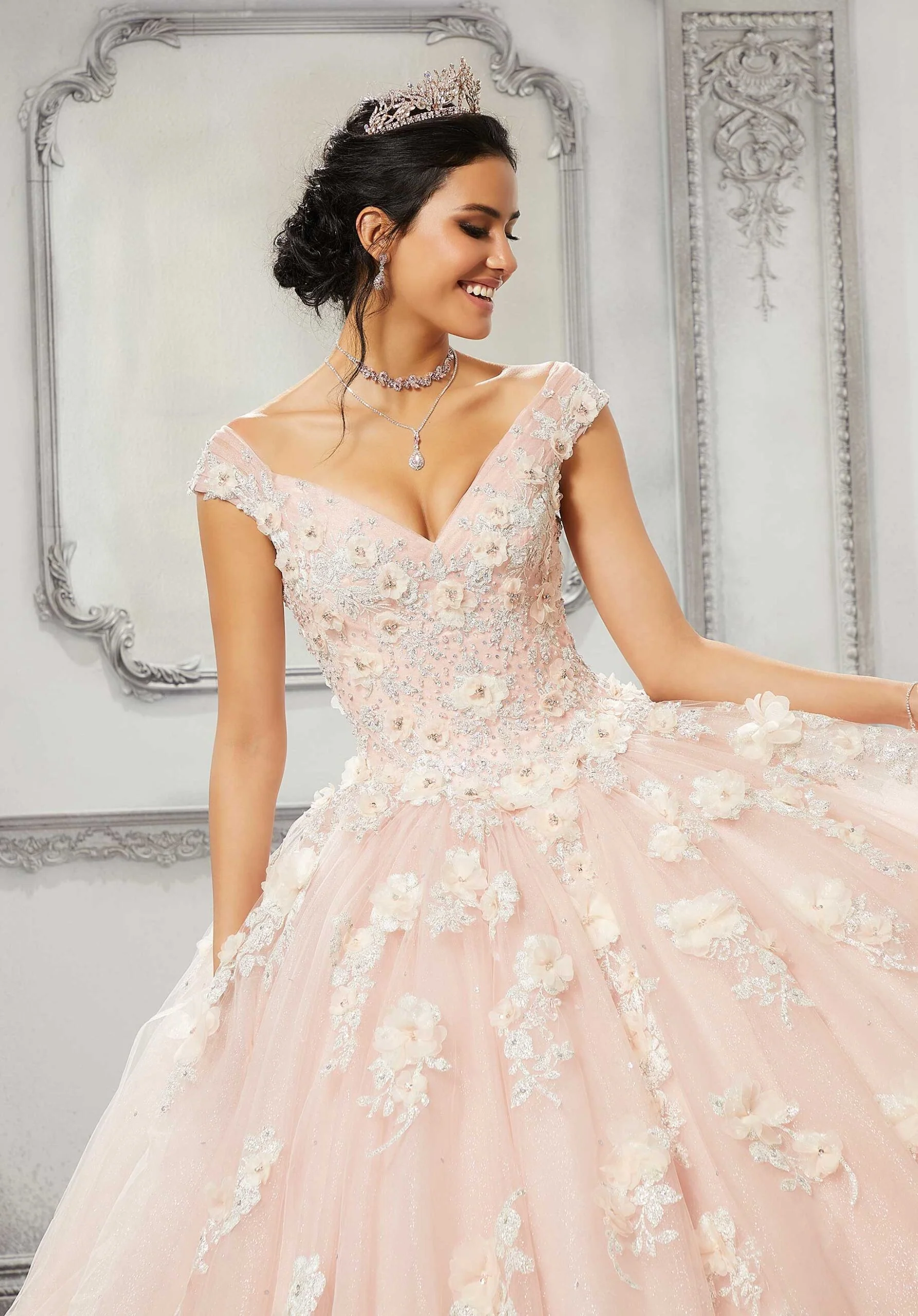 Crystal Beaded Three-Dimensional Floral Quinceañera Dress - Image 4