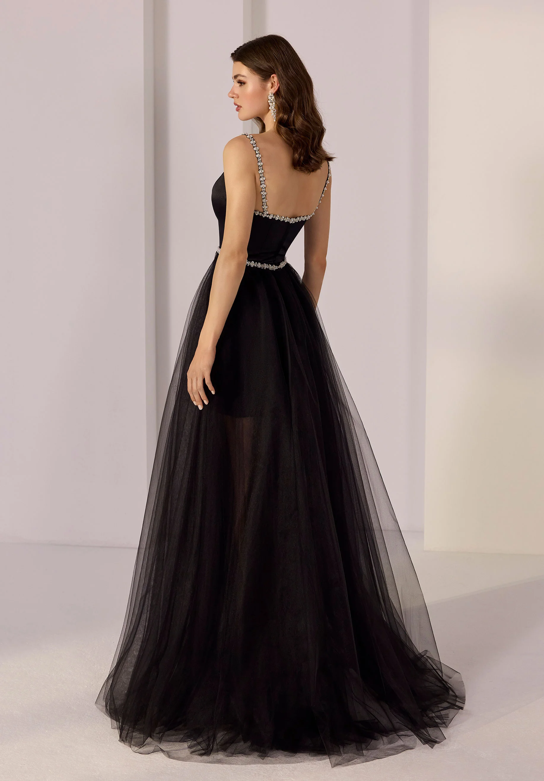 Crystal Cat Eye Satin Mini Dress with Detachable Tulle Overskirt - Image 4