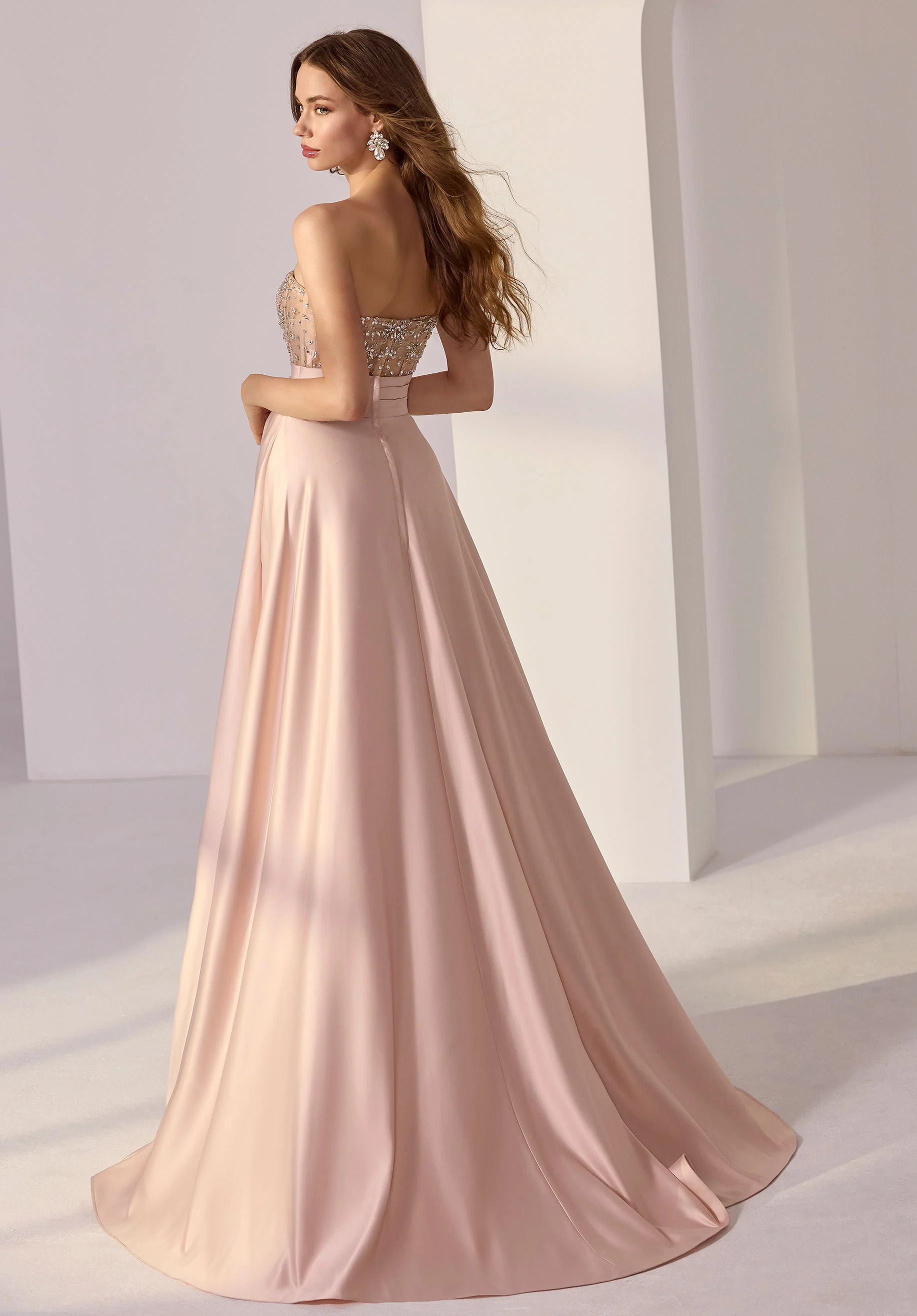 Crystal Embroidered Strapless Bodice on Satin Ball Gown Party Dress - Image 3