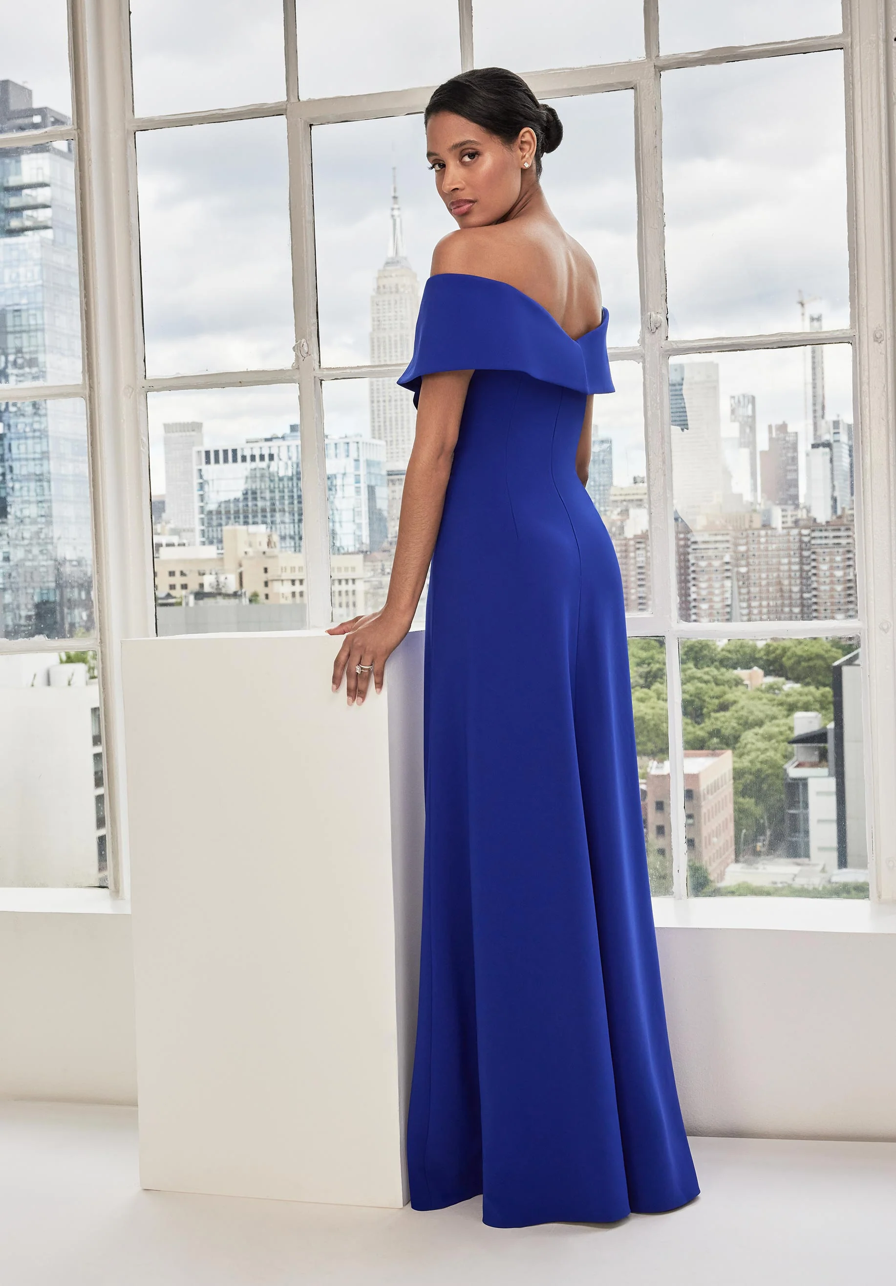 Cuffed Off The Shoulder A-Line Evening Gown with Floral Appliqué - Image 3