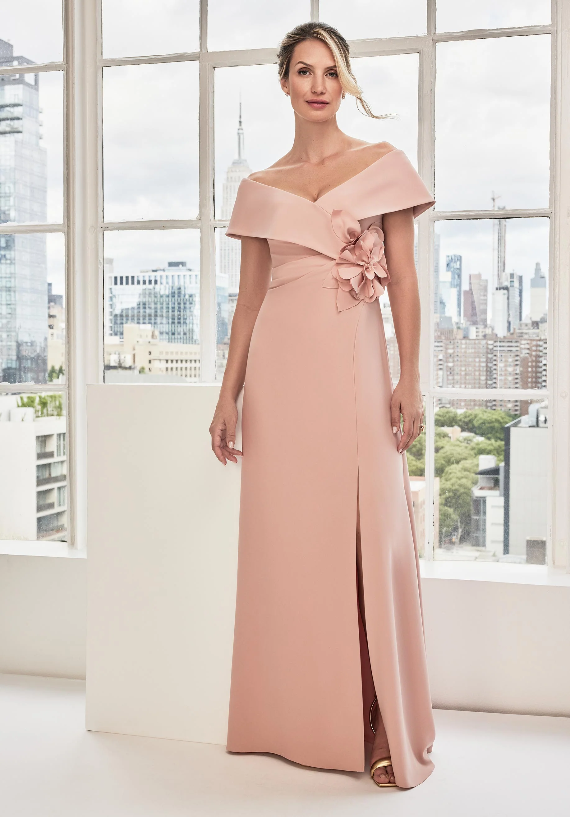 Cuffed Off The Shoulder A-Line Evening Gown with Floral Appliqué - Image 4