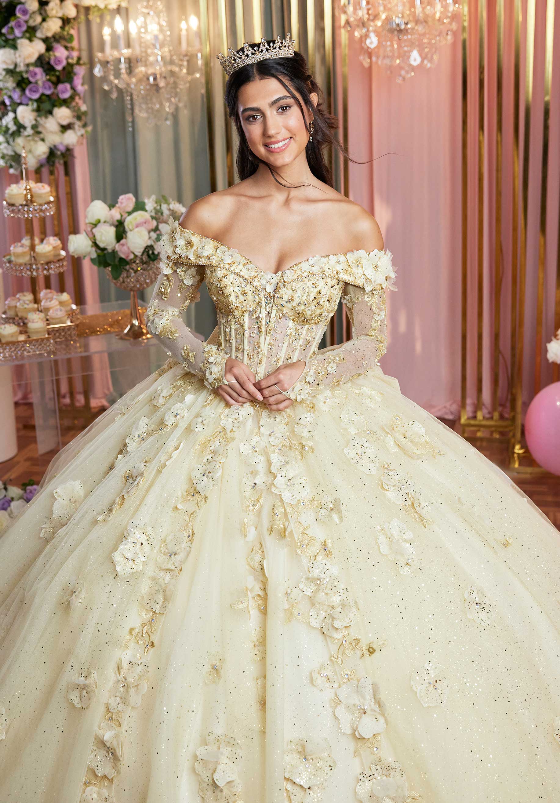 Cuffed Off The Shoulder Three Dimensional Floral Quinceañera Dress - Image 5