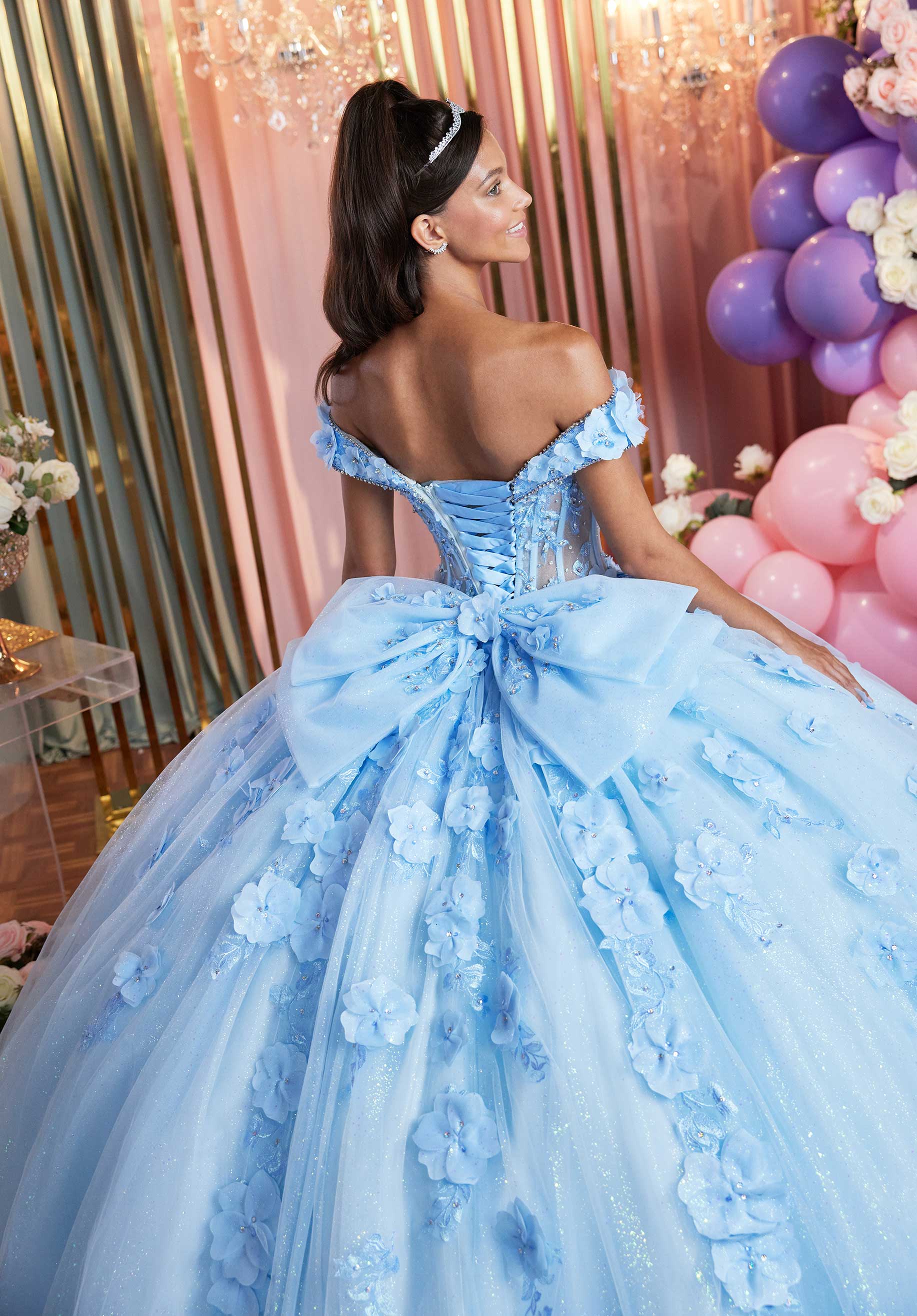 Cuffed Off The Shoulder Three Dimensional Floral Quinceañera Dress - Image 8