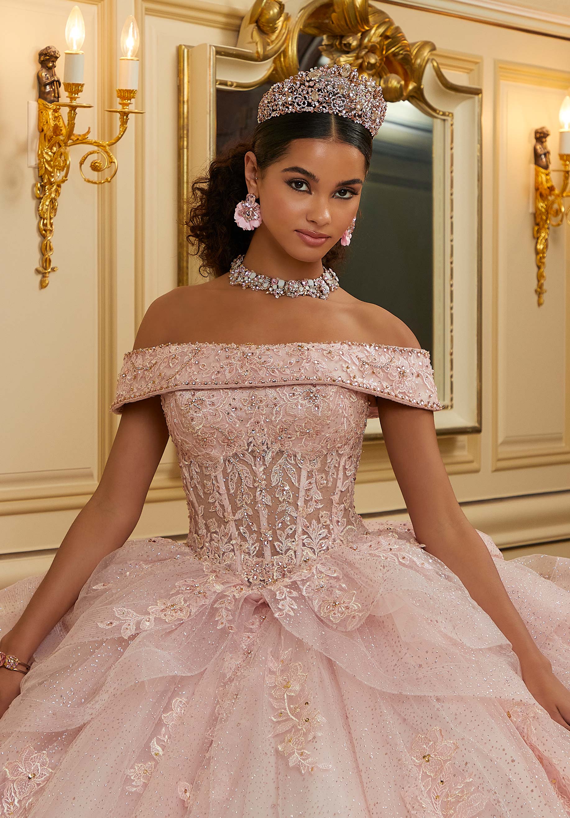 Diamanté and Crystal Beaded Metallic Lace Quinceañera Dress - Image 2