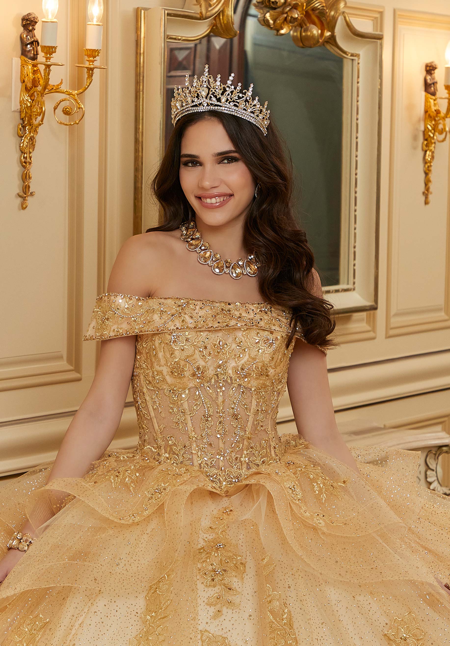 Diamanté and Crystal Beaded Metallic Lace Quinceañera Dress - Image 4