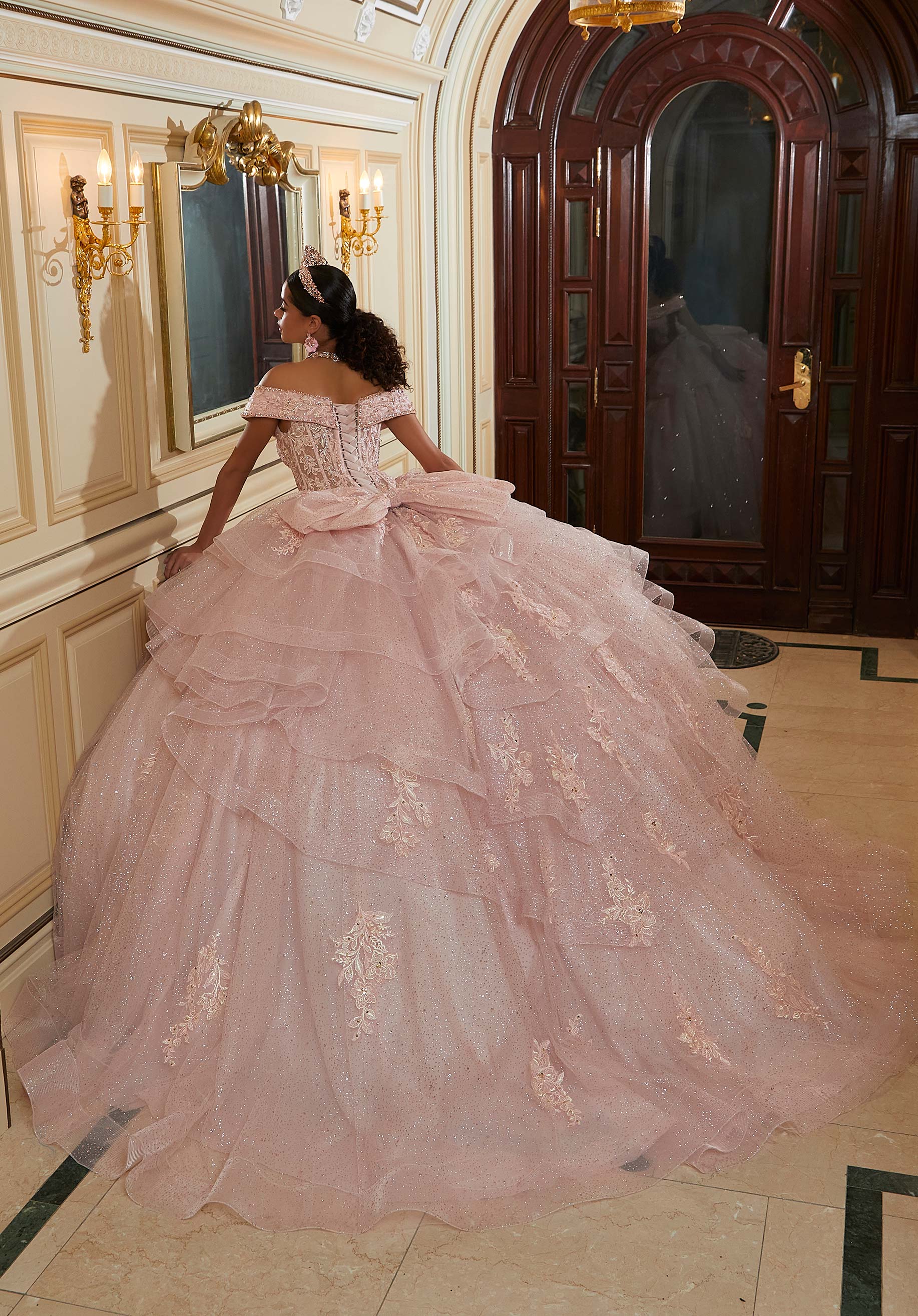Diamanté and Crystal Beaded Metallic Lace Quinceañera Dress - Image 5