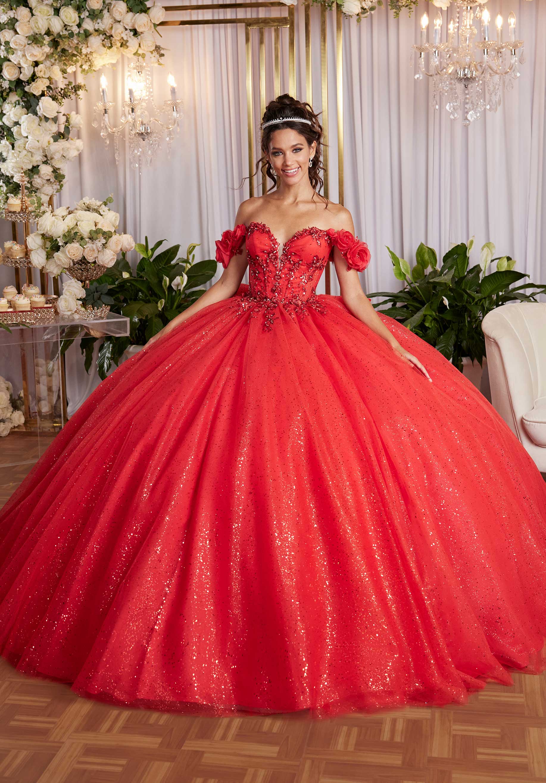 Draped Bodice Quinceañera Dress with Three Dimensional Flowers - Image 3