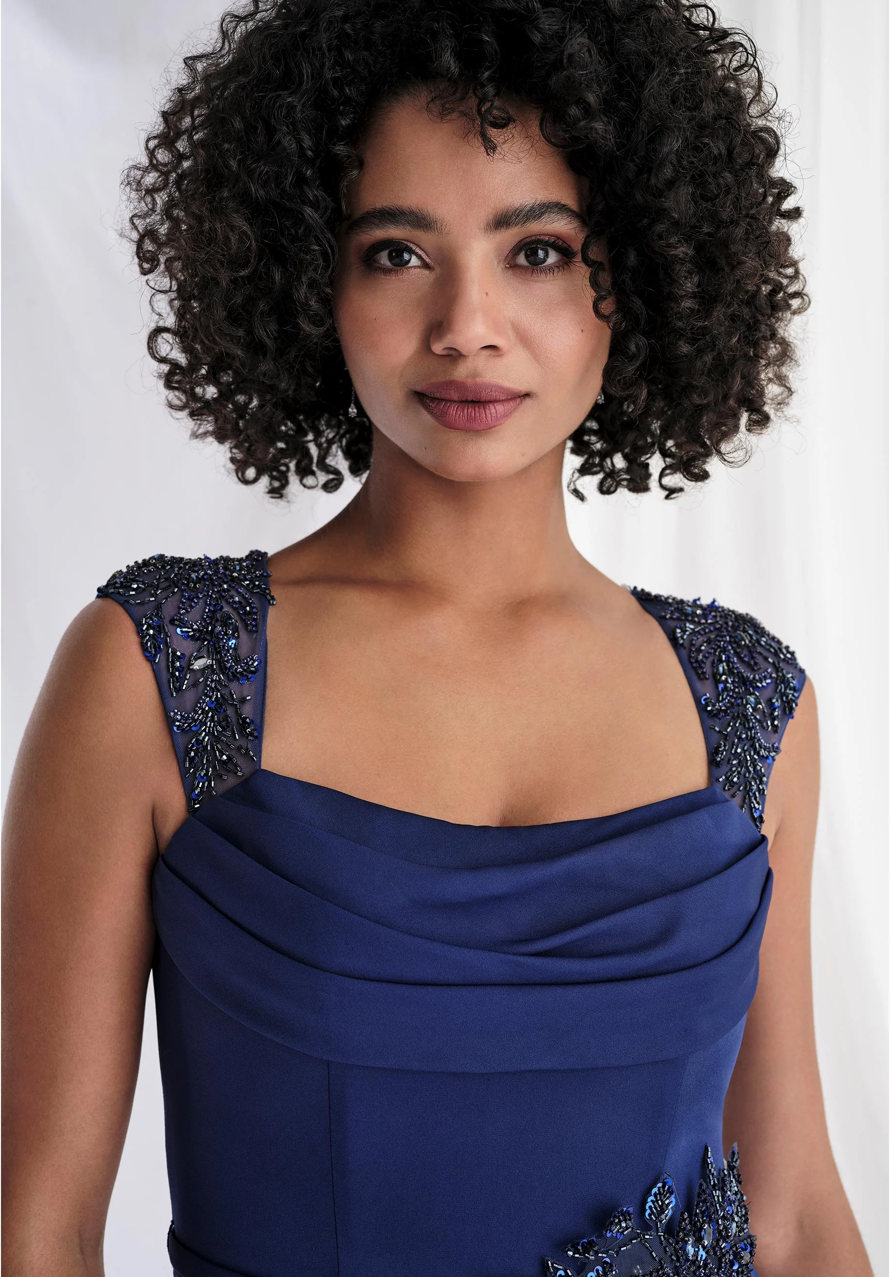 Draped Cap Sleeve Scuba Knit Evening Gown with Beaded Details - Image 4