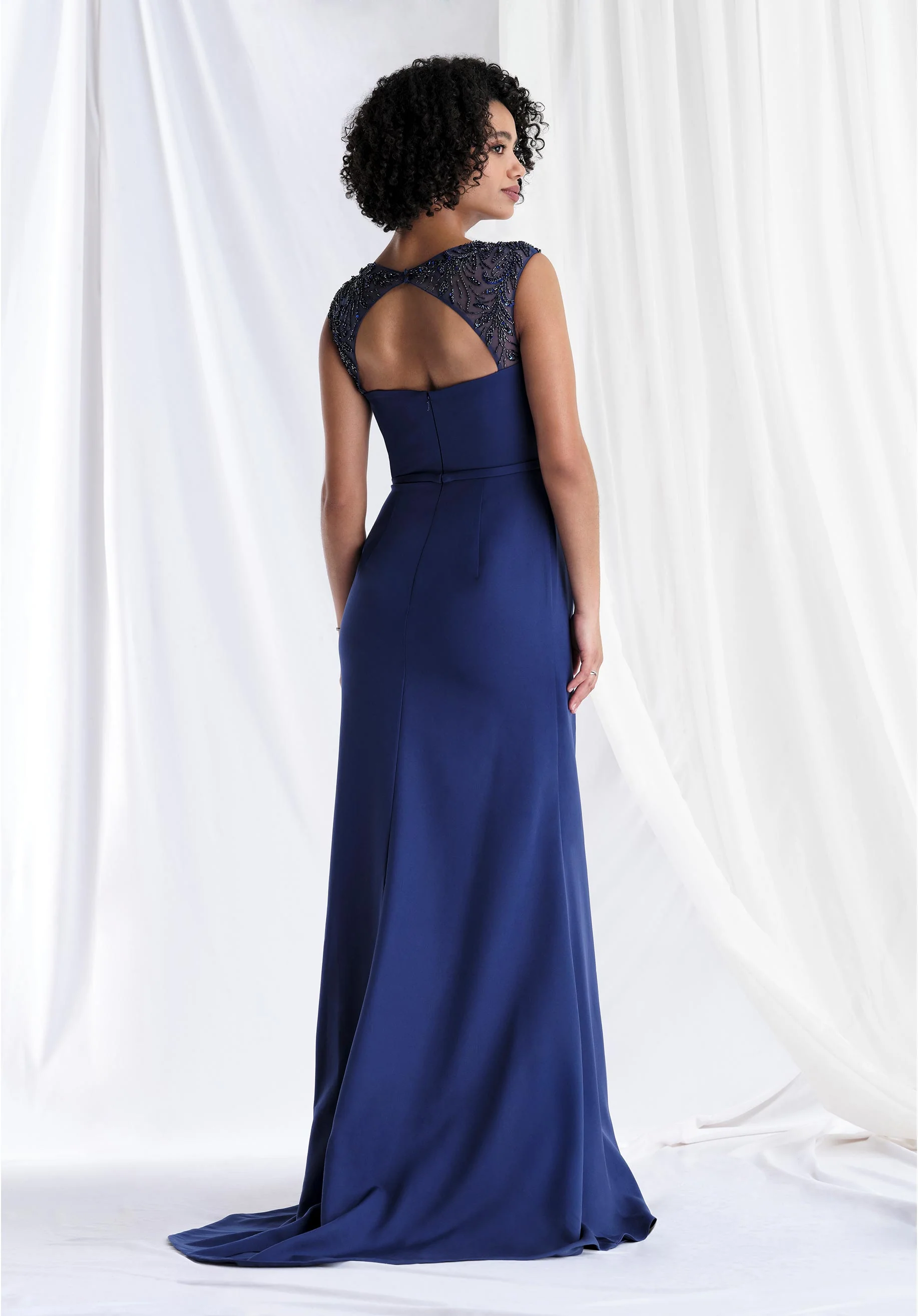 Draped Cap Sleeve Scuba Knit Evening Gown with Beaded Details - Image 7