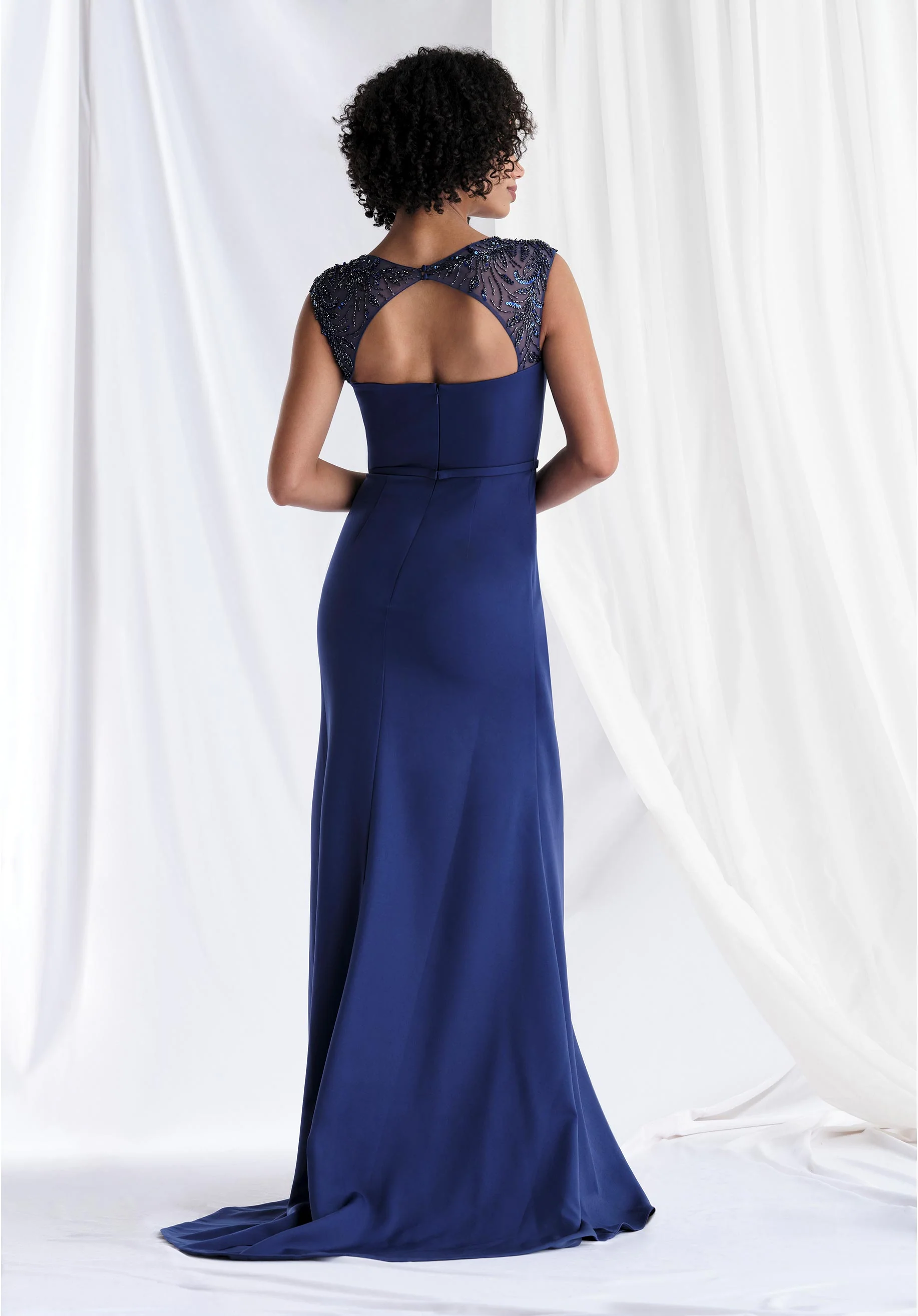 Draped Cap Sleeve Scuba Knit Evening Gown with Beaded Details - Image 8