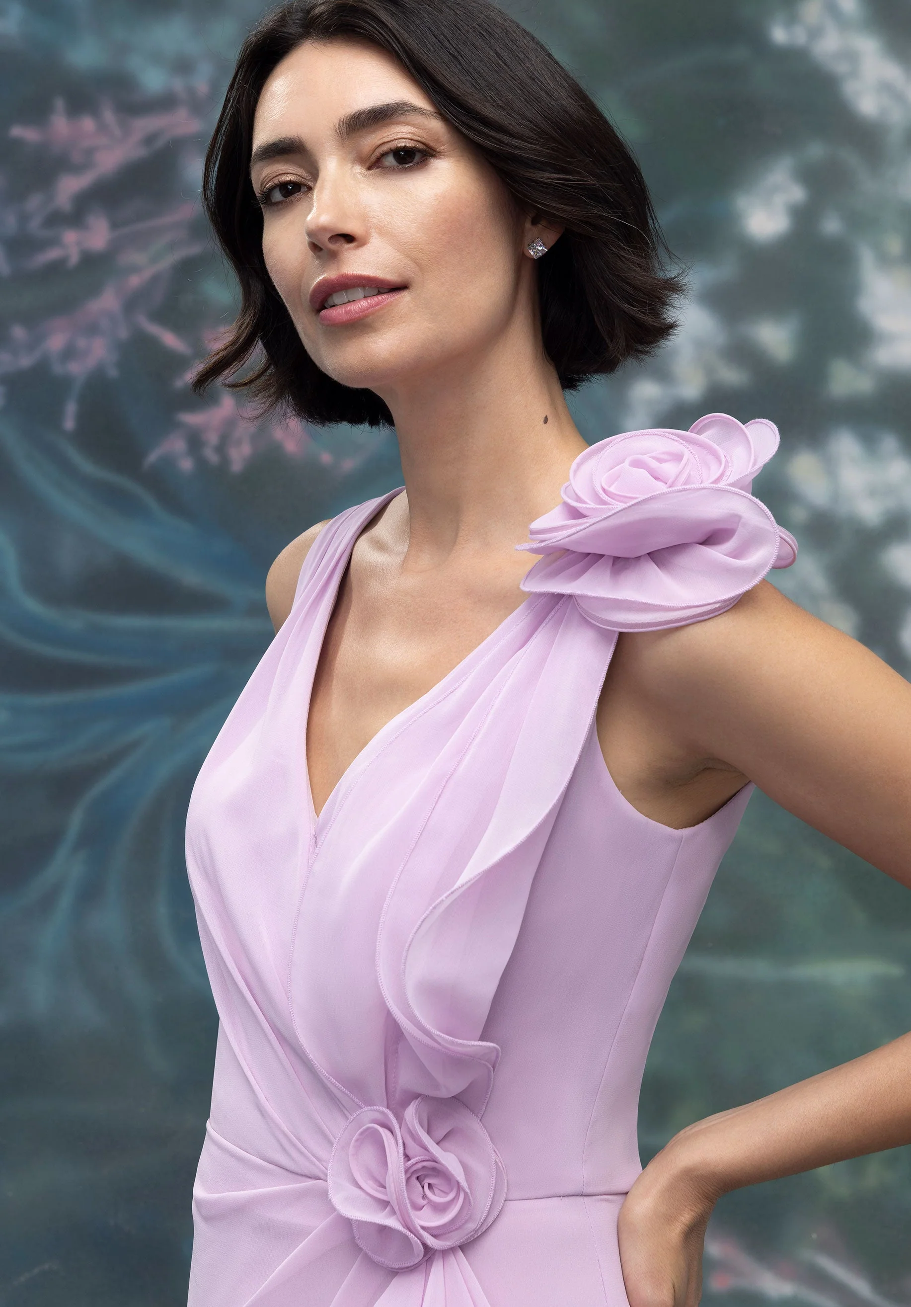 Draped Cascading Ruffle Chiffon Evening Gown with 3D Flowers - Image 2