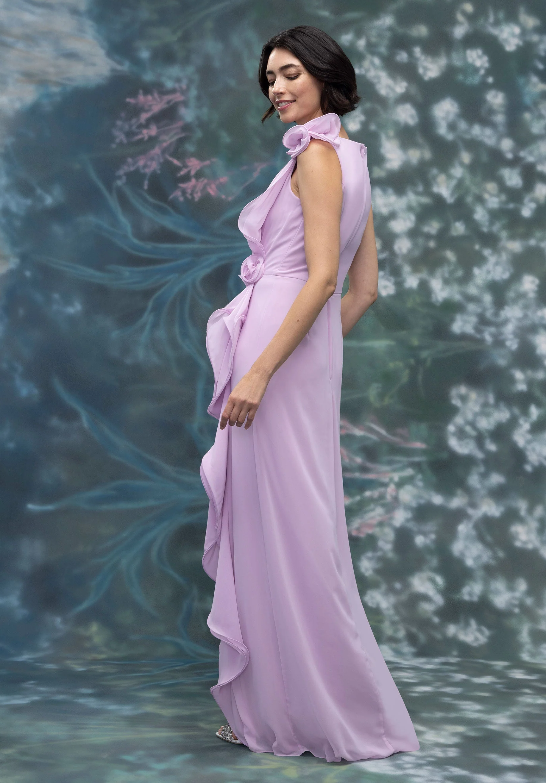 Draped Cascading Ruffle Chiffon Evening Gown with 3D Flowers - Image 3