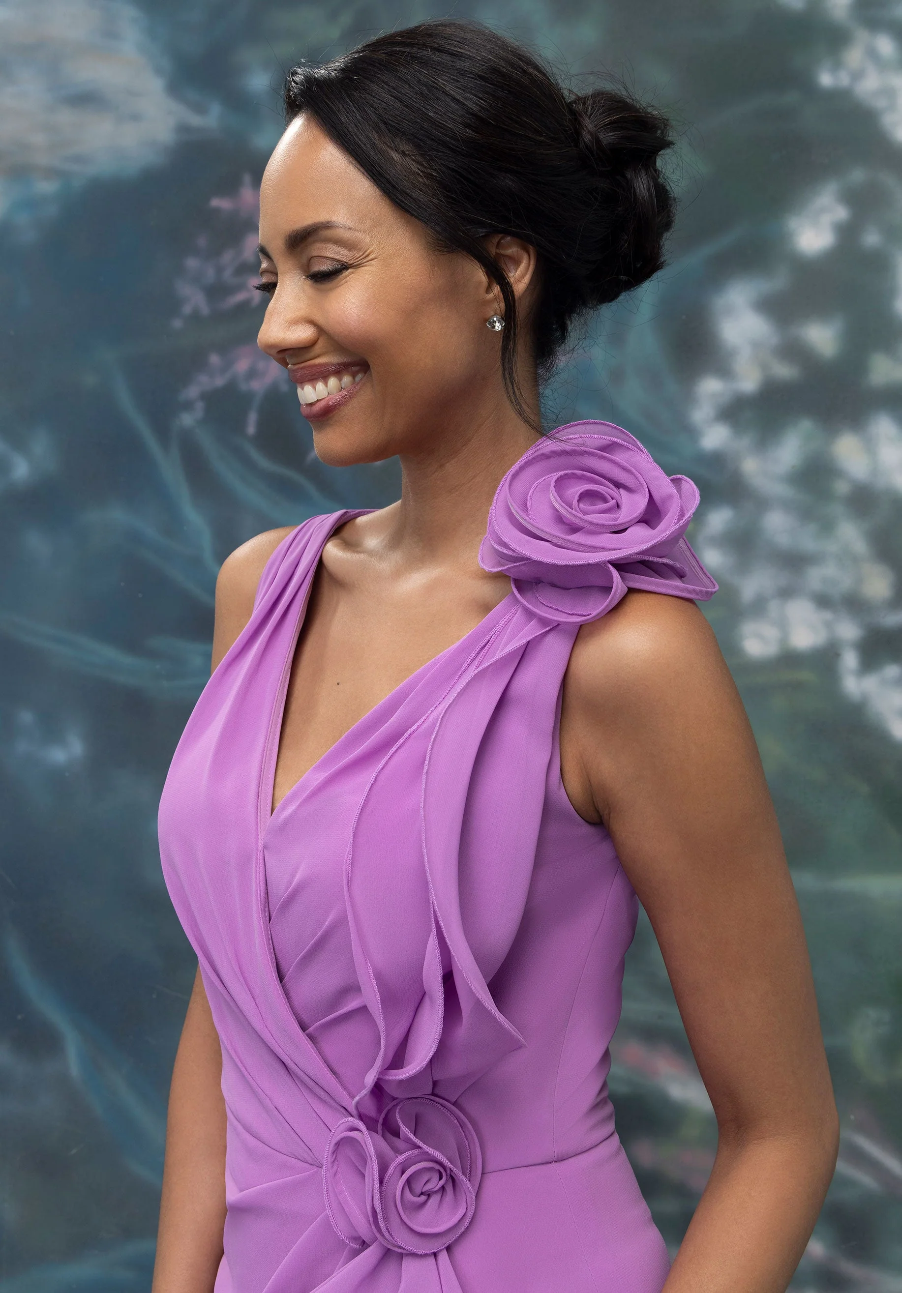 Draped Cascading Ruffle Chiffon Evening Gown with 3D Flowers - Image 5