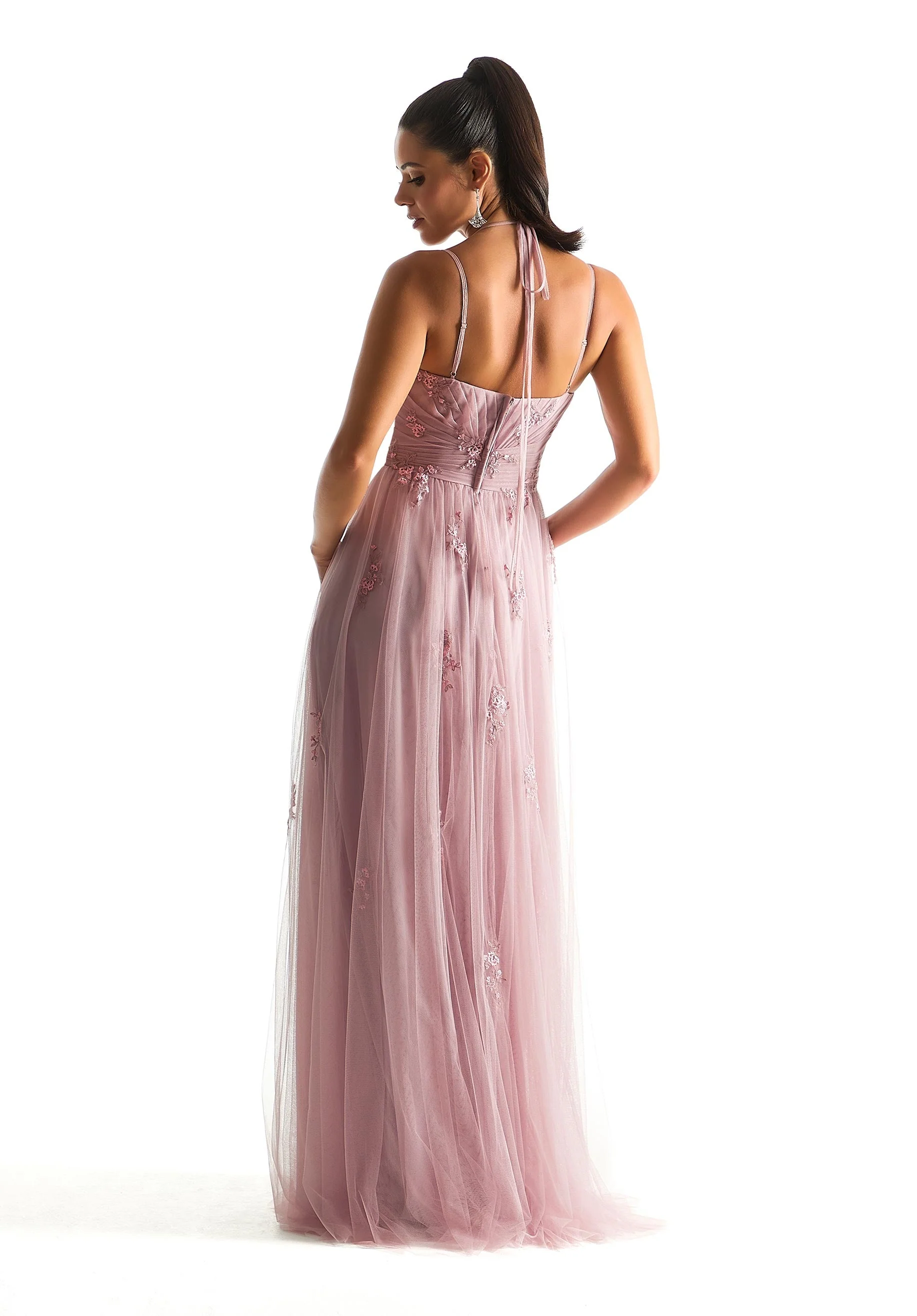 Draped English Net Bridesmaid Dress with Appliqu��s - Image 4