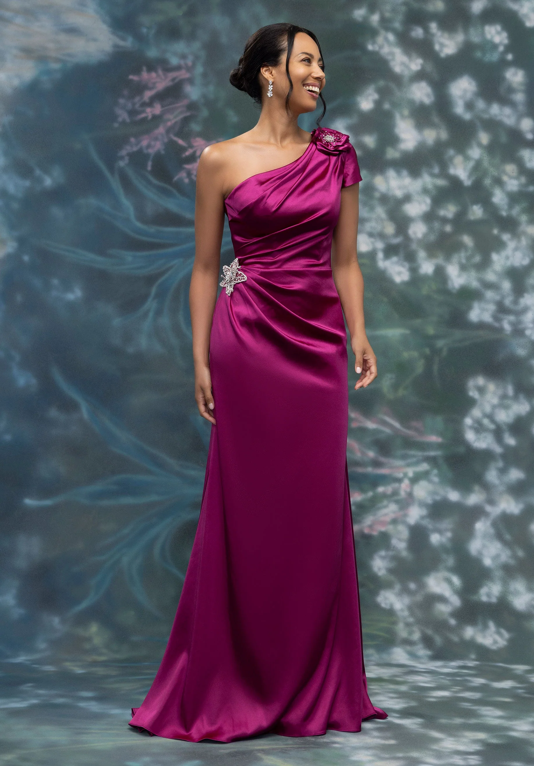 Draped One Shoulder Cap Sleeves Satin Evening Gown