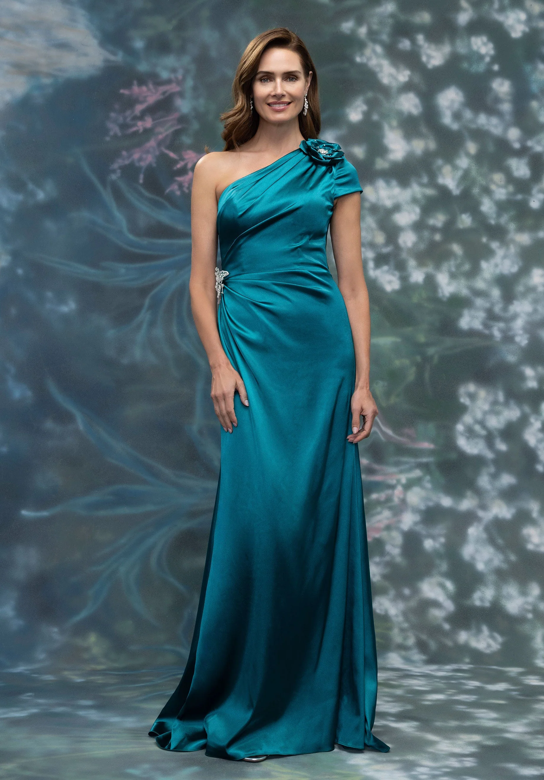 Draped One Shoulder Cap Sleeves Satin Evening Gown - Image 3