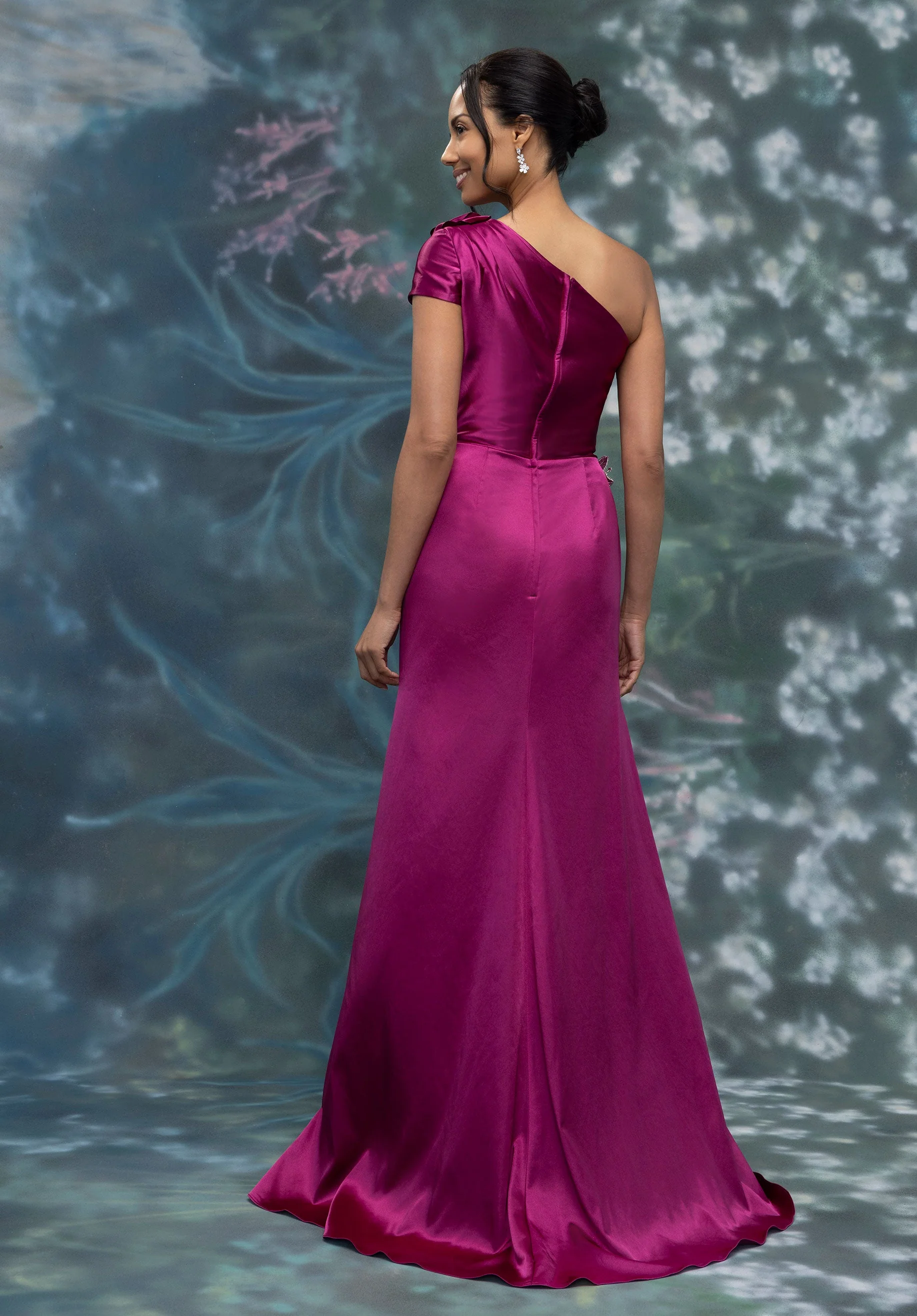Draped One Shoulder Cap Sleeves Satin Evening Gown - Image 5