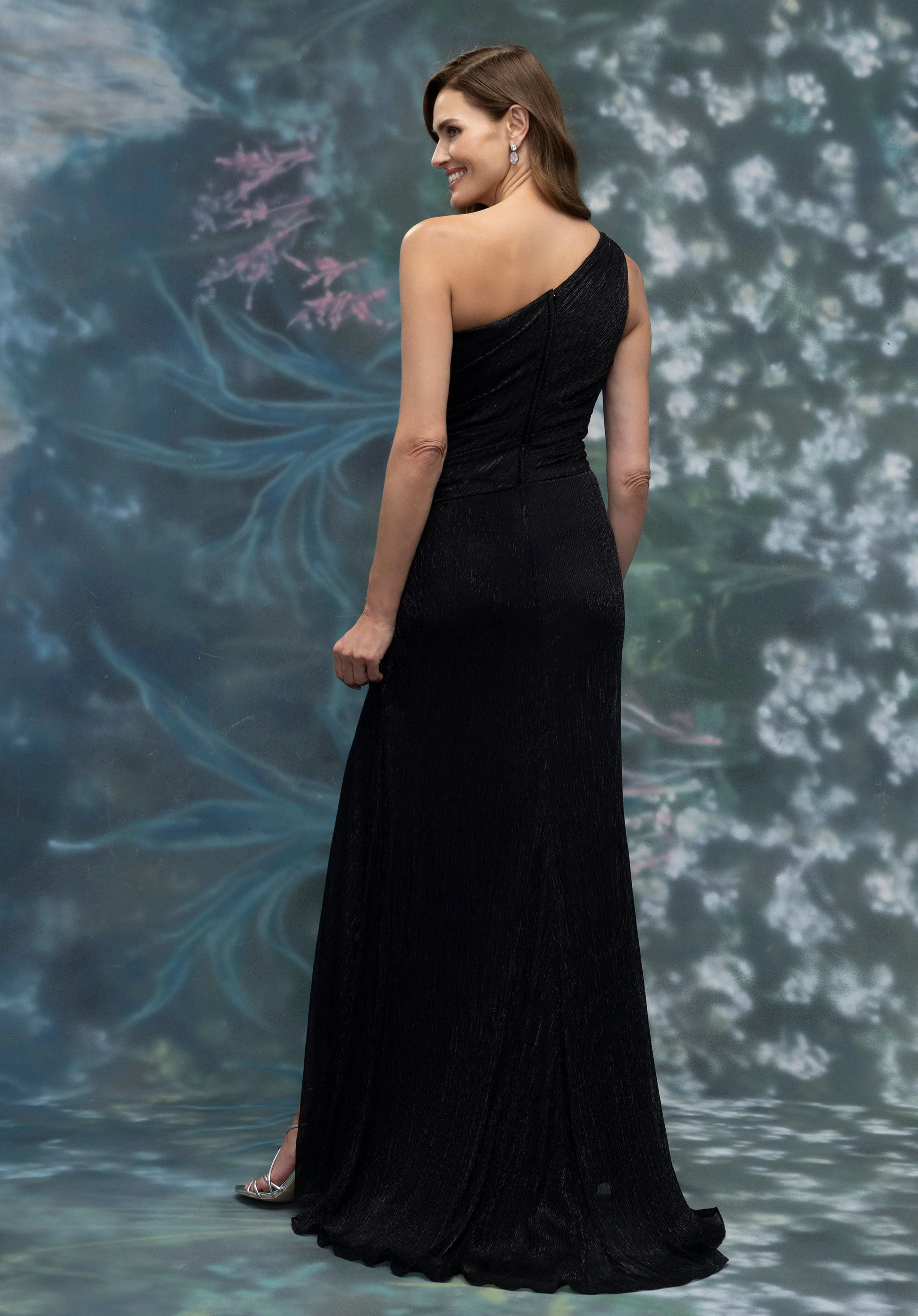 Draped One Shoulder Metallic Knit Sheath Evening Gown - Image 5