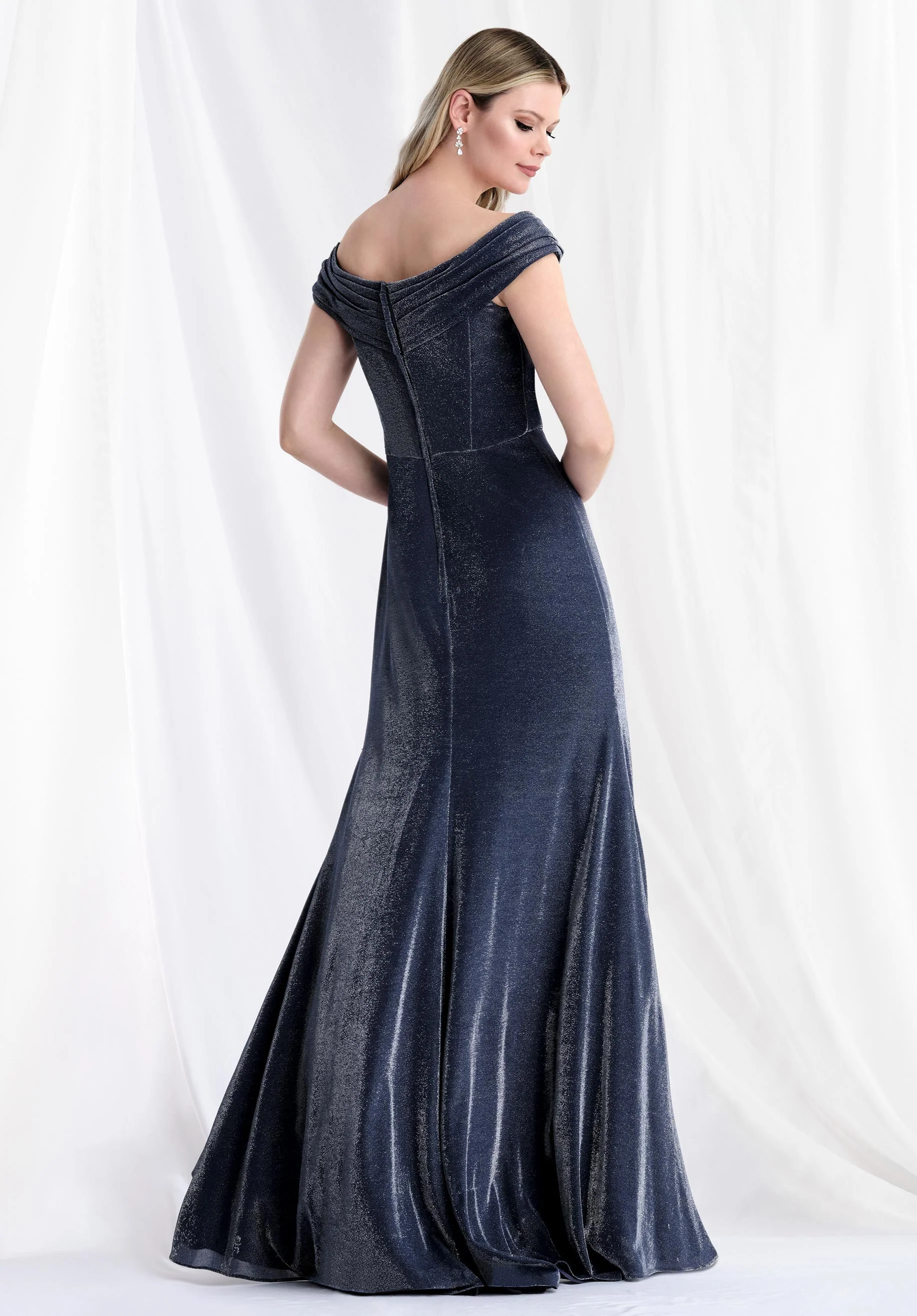 Draped Shimmer Jersey Fit and Flare Evening Gown - Image 6