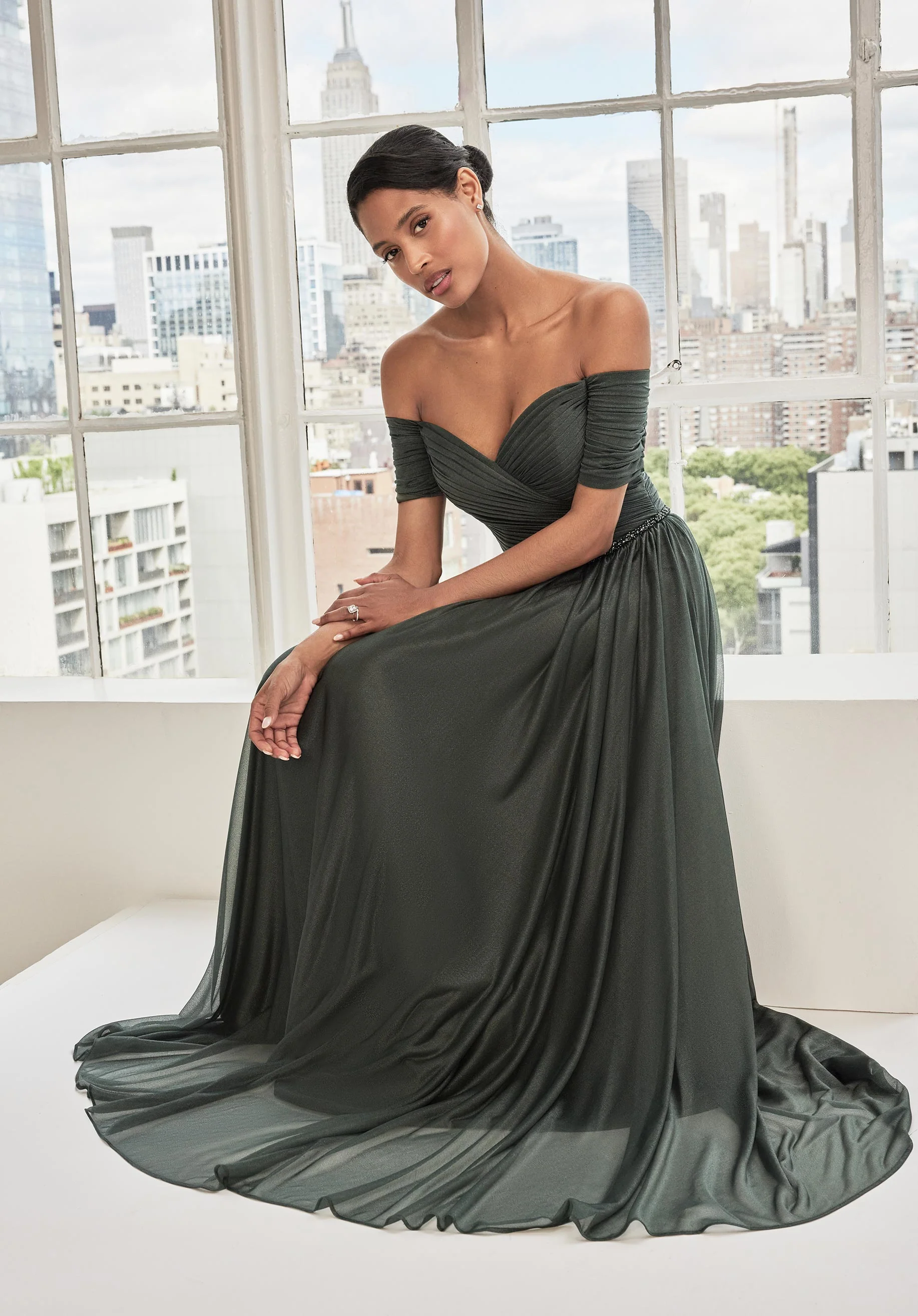 Draped Shimmer Mesh Evening Gown with Crystal Beaded Trim - Image 2