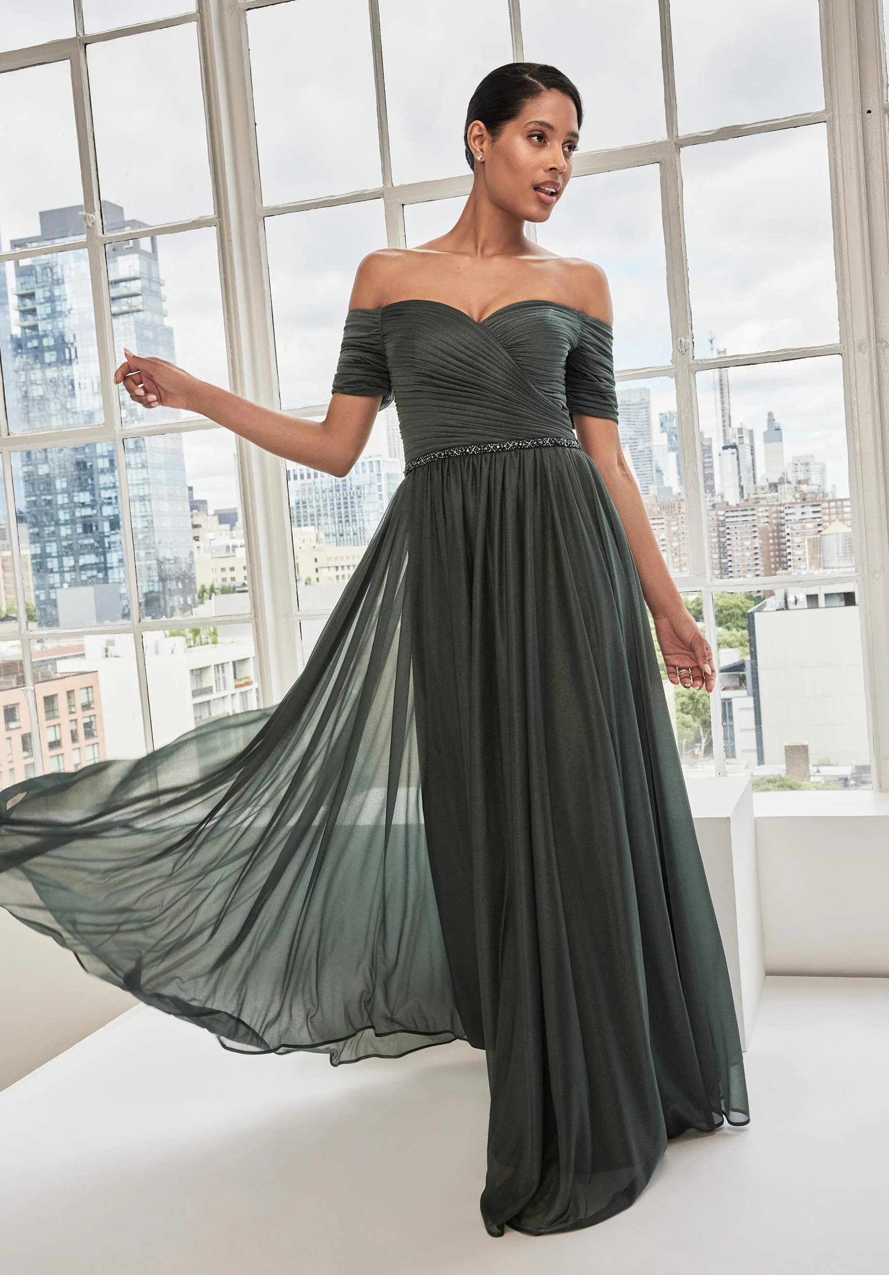 Draped Shimmer Mesh Evening Gown with Crystal Beaded Trim - Image 3