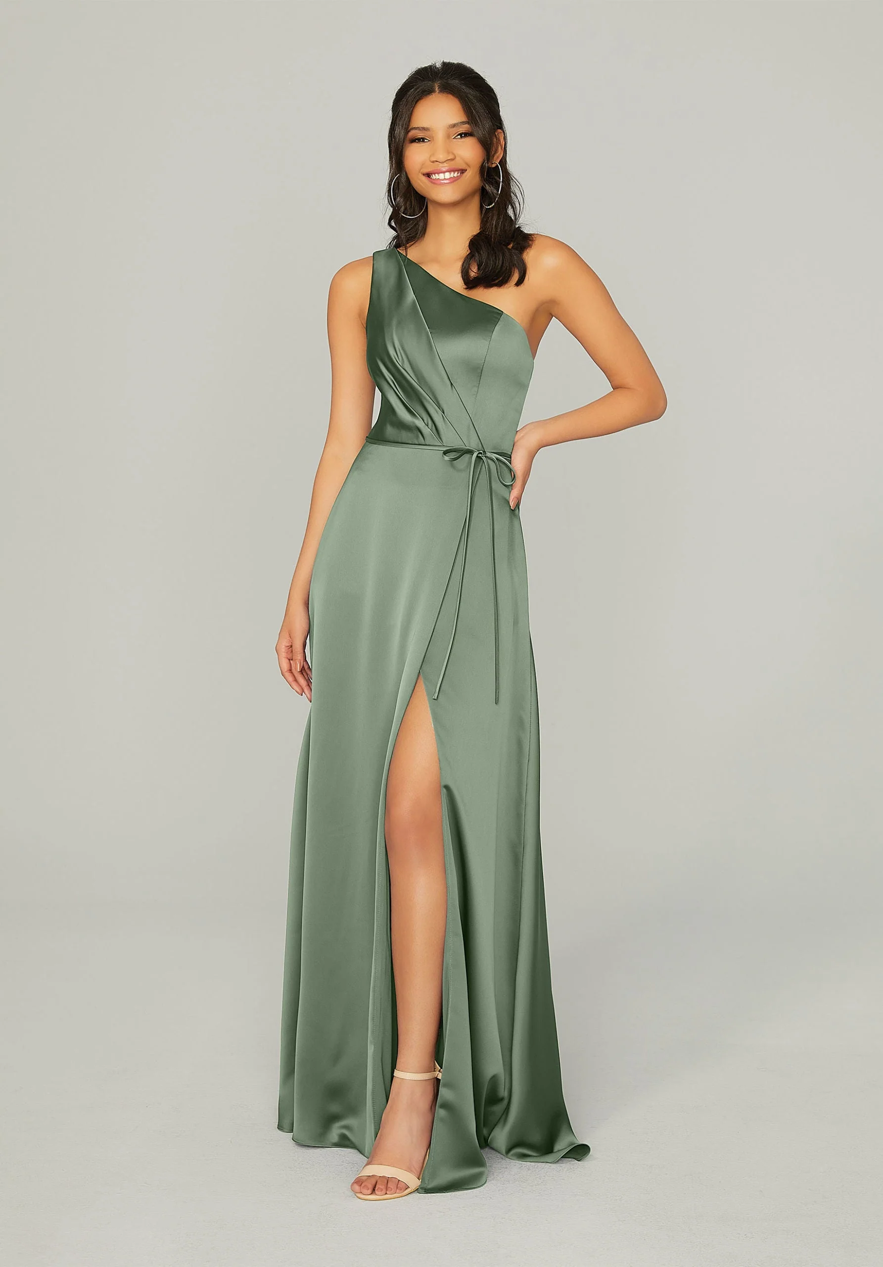 Draped Silky Satin Bridesmaid Dress with Tied Waist - Image 11