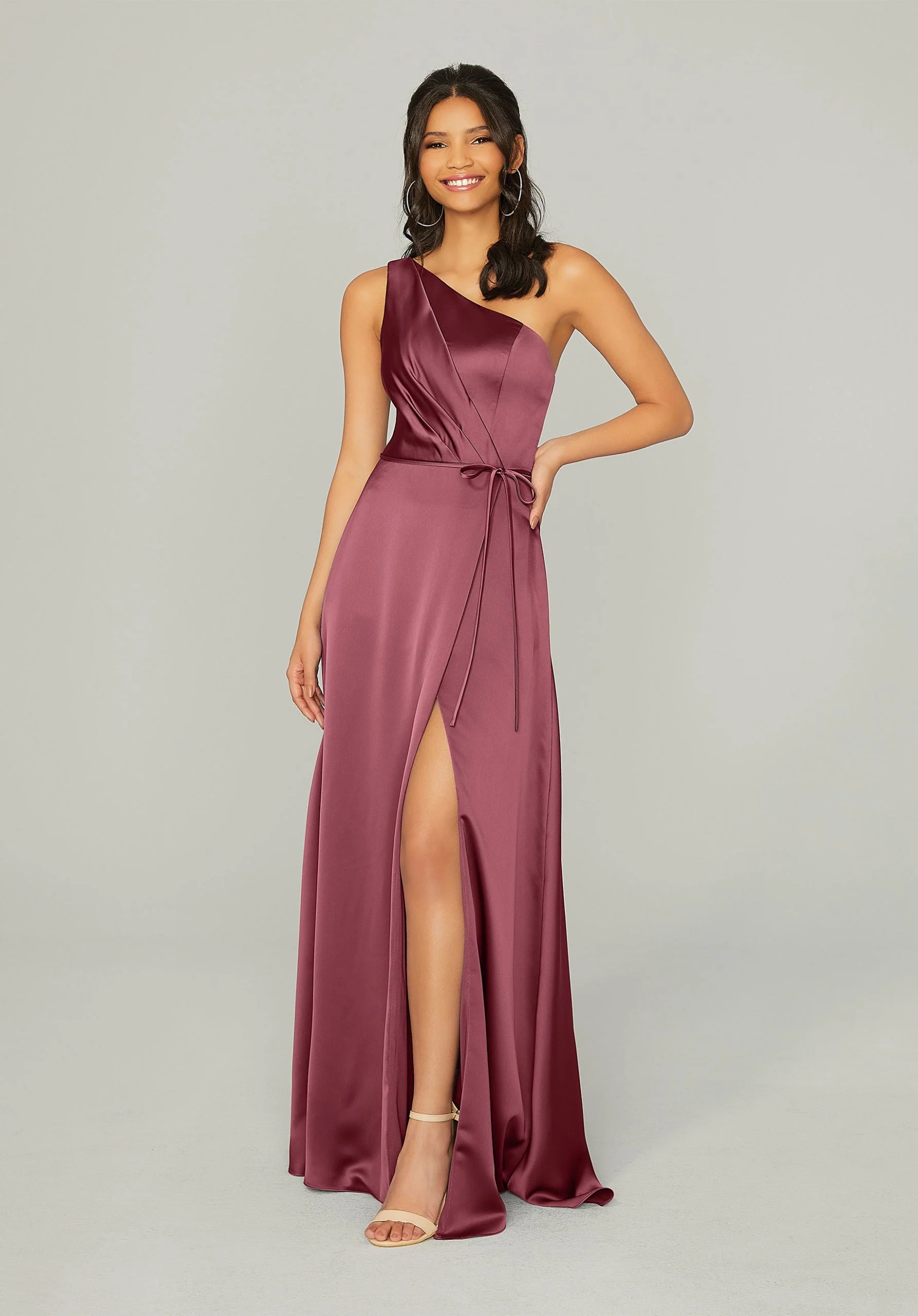 Draped Silky Satin Bridesmaid Dress with Tied Waist - Image 12